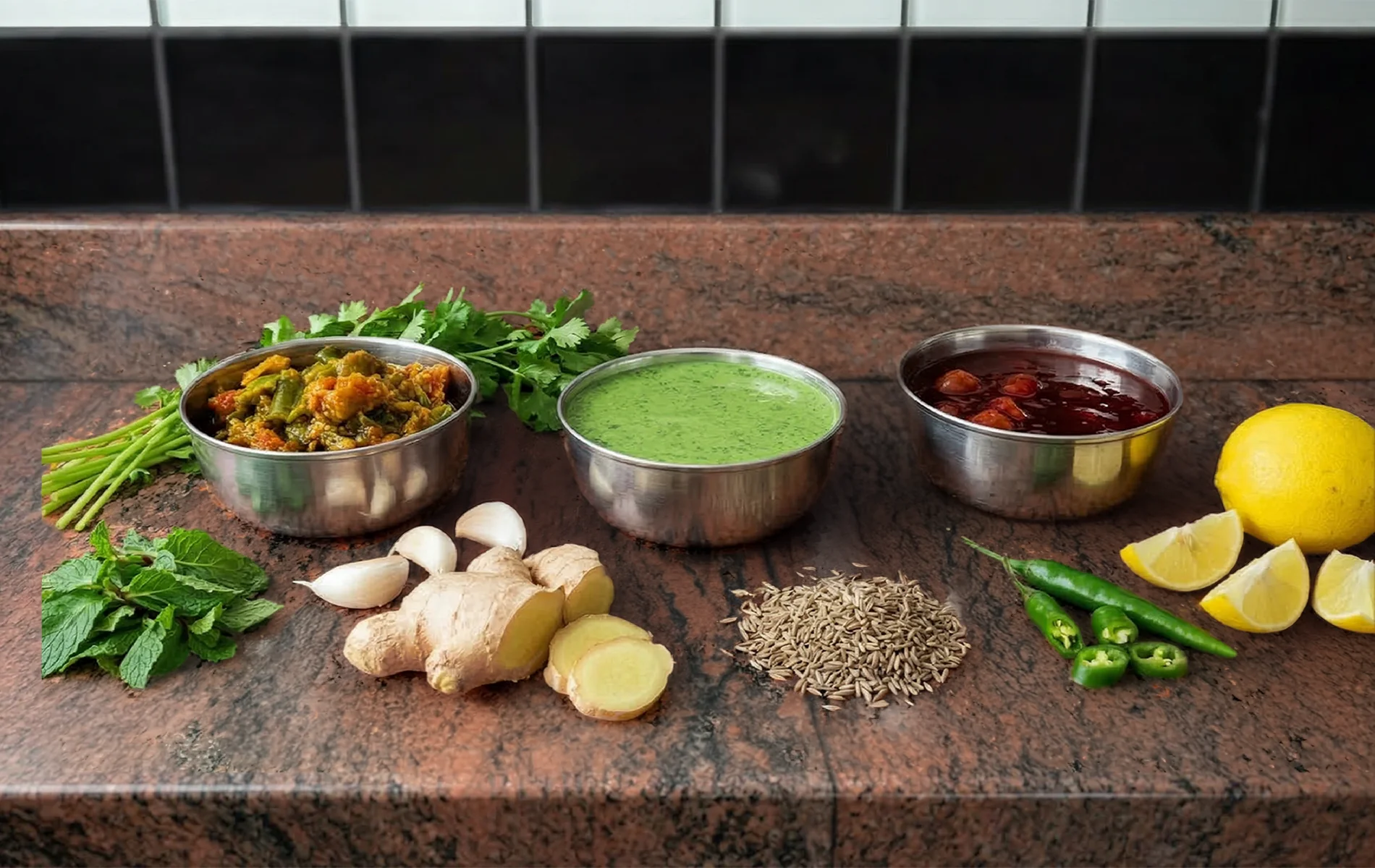 rois sauces indiennes présentées dans de petits bols métalliques, accompagnées d’ingrédients frais