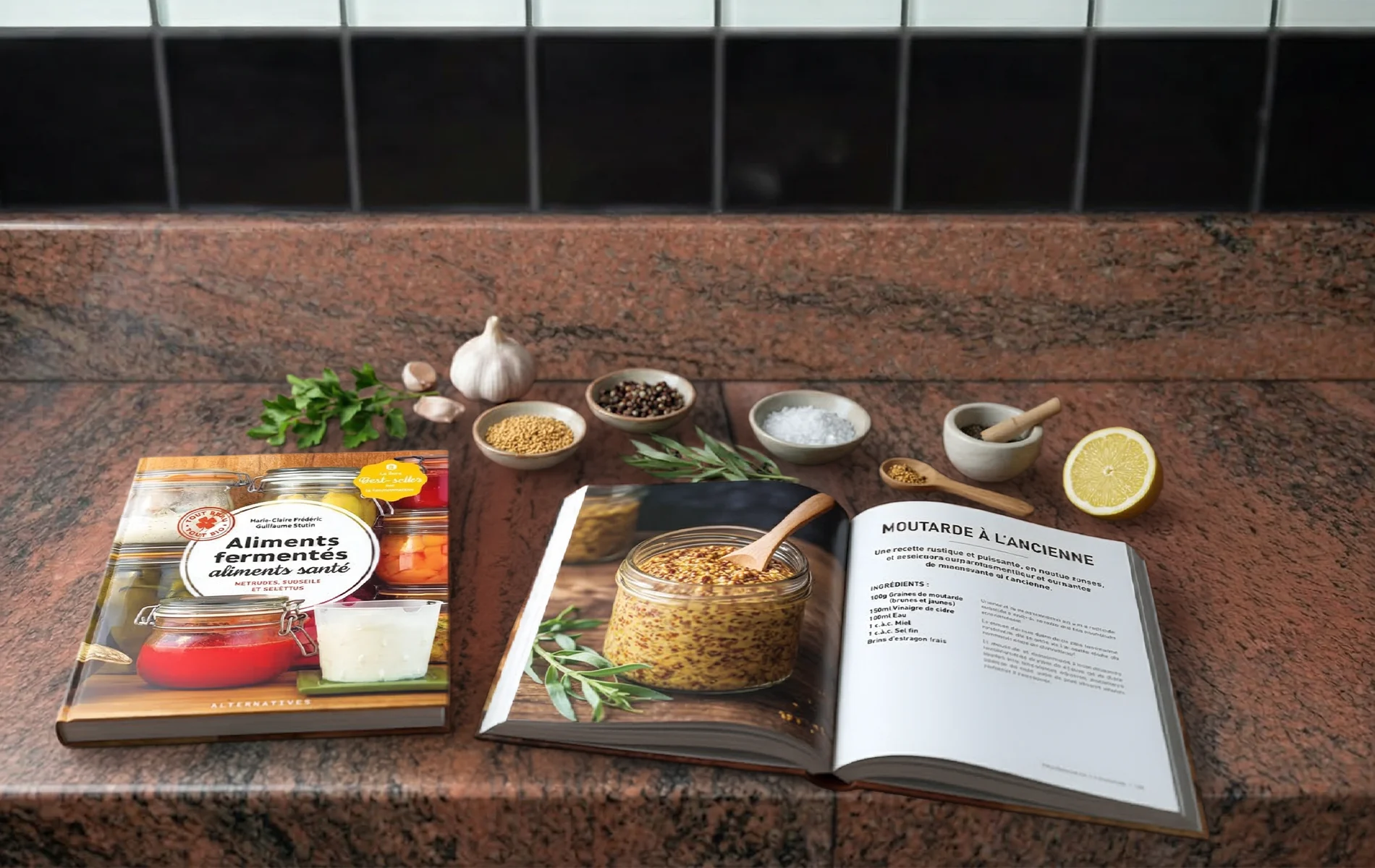 Livre de cuisine ouvert sur une recette de moutarde à l’ancienne avec les ingrédients disposés autour.