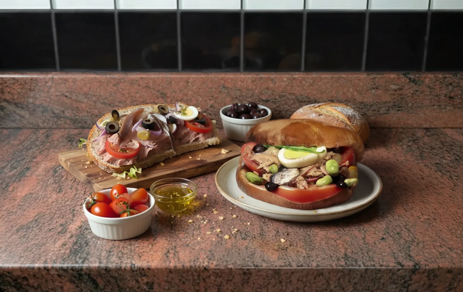Pan bagnat niçois garni (thon, œufs, tomates, anchois, olives), présenté ouvert et fermé sur plan de travail