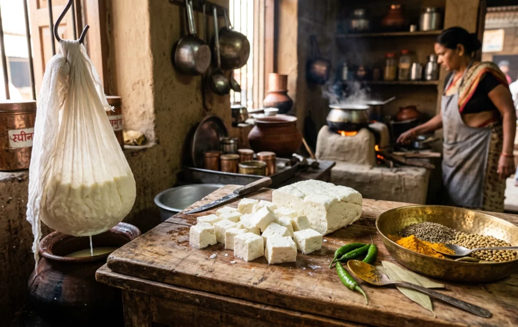 Fabrication artisanale du paneer dans une cuisine indienne.