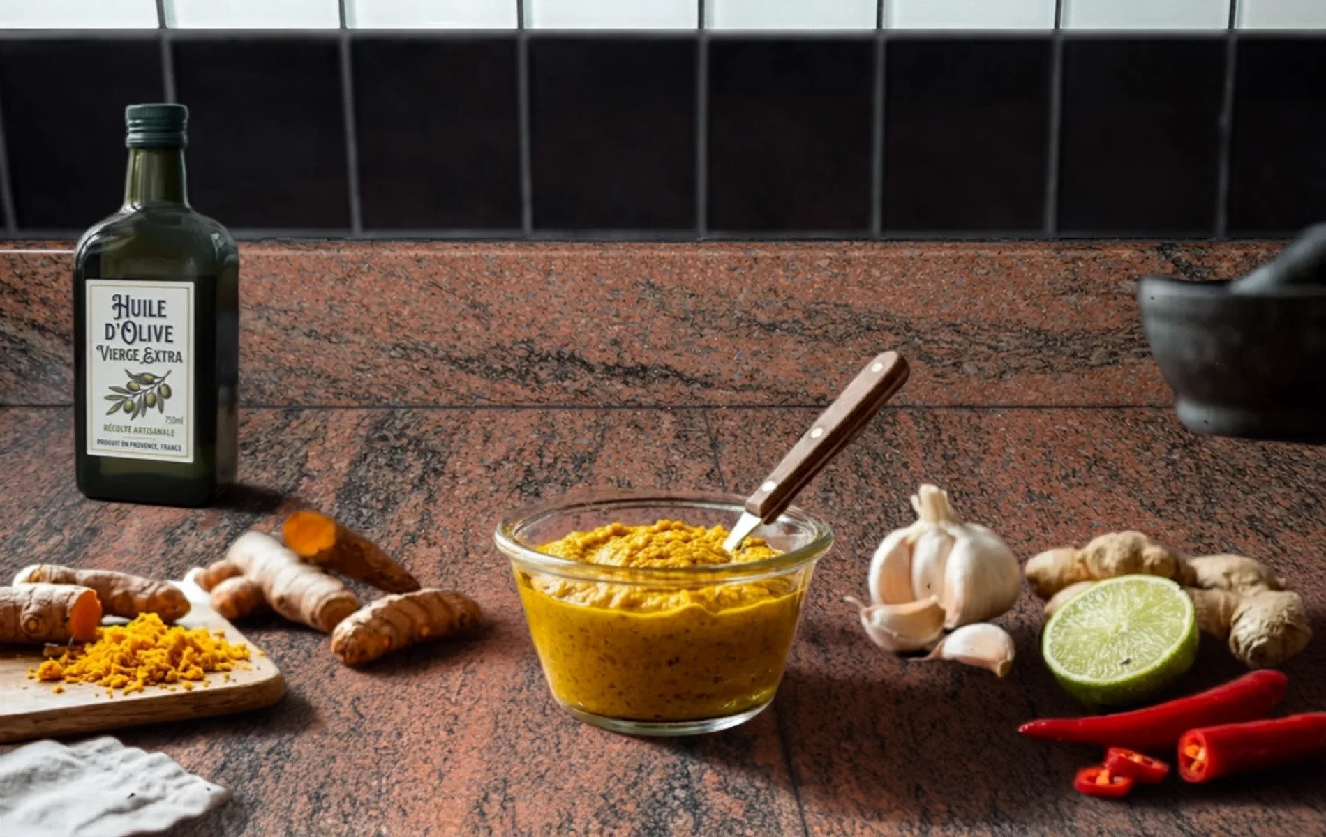 P&acirc;te de curcuma maison dans un bol avec racines de curcuma, gingembre, ail et citron vert sur un plan de travail.