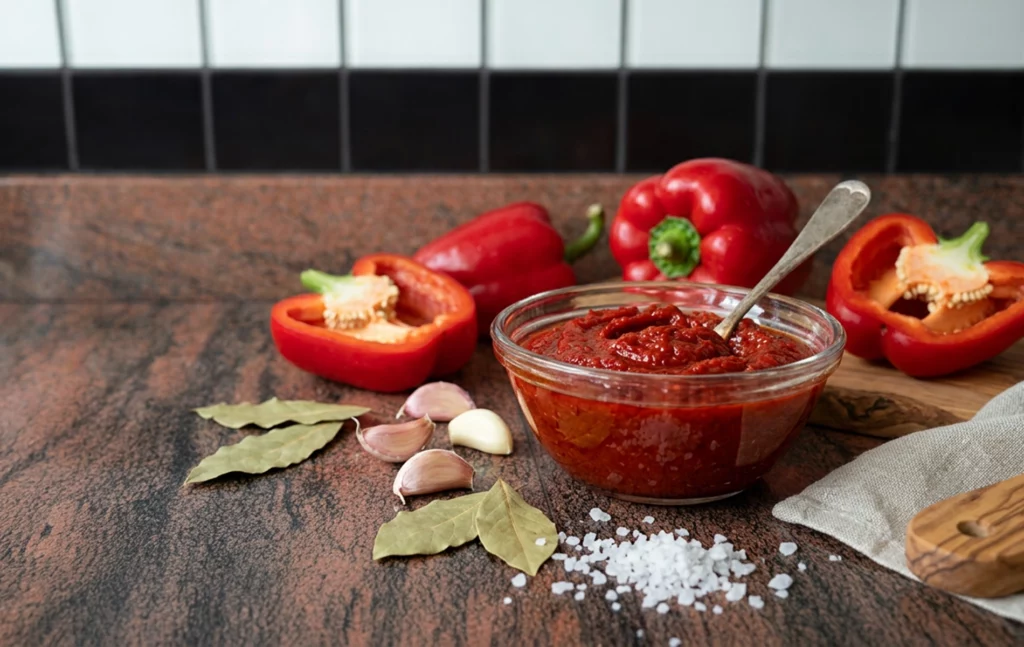 P&acirc;te de poivrons portugaise massa de piment&atilde;o dans un bol avec poivrons rouges, ail et feuilles de laurier.