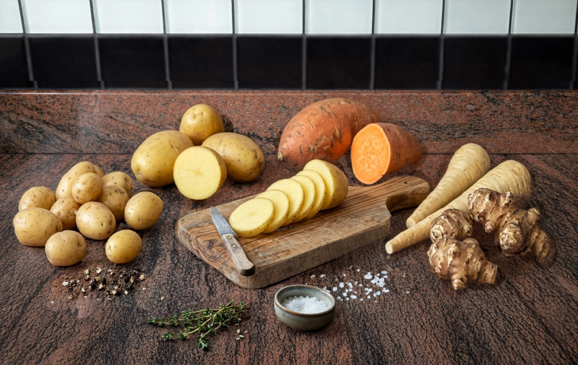 Diff&eacute;rents tubercules et pommes de terre sur un plan de travail : pommes de terre, patate douce, panais et topinambours, certains coup&eacute;s sur une planche.