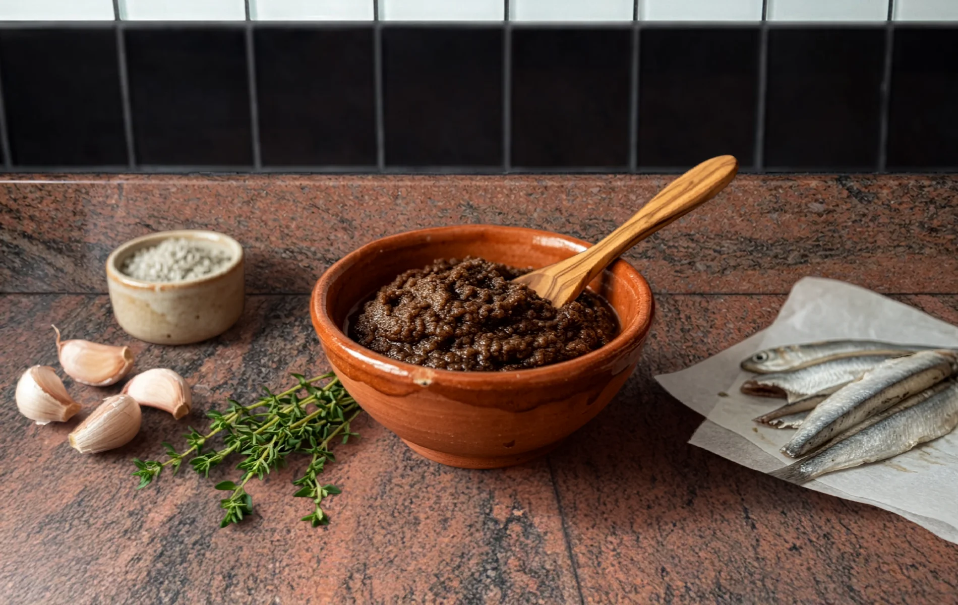 Pissalat niçois dans un bol en terre cuite avec anchois, ail et thym.