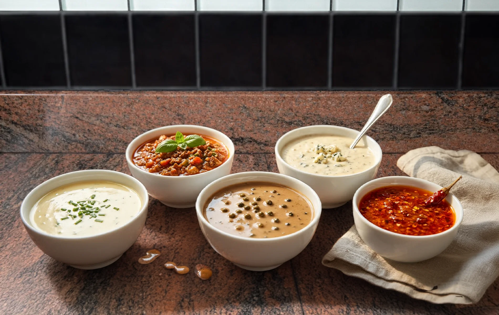 Plusieurs sauces chaudes &mdash; beurre blanc, sauce tomate, sauce au poivre et sauce au roquefort &mdash; servies dans des bols blancs.