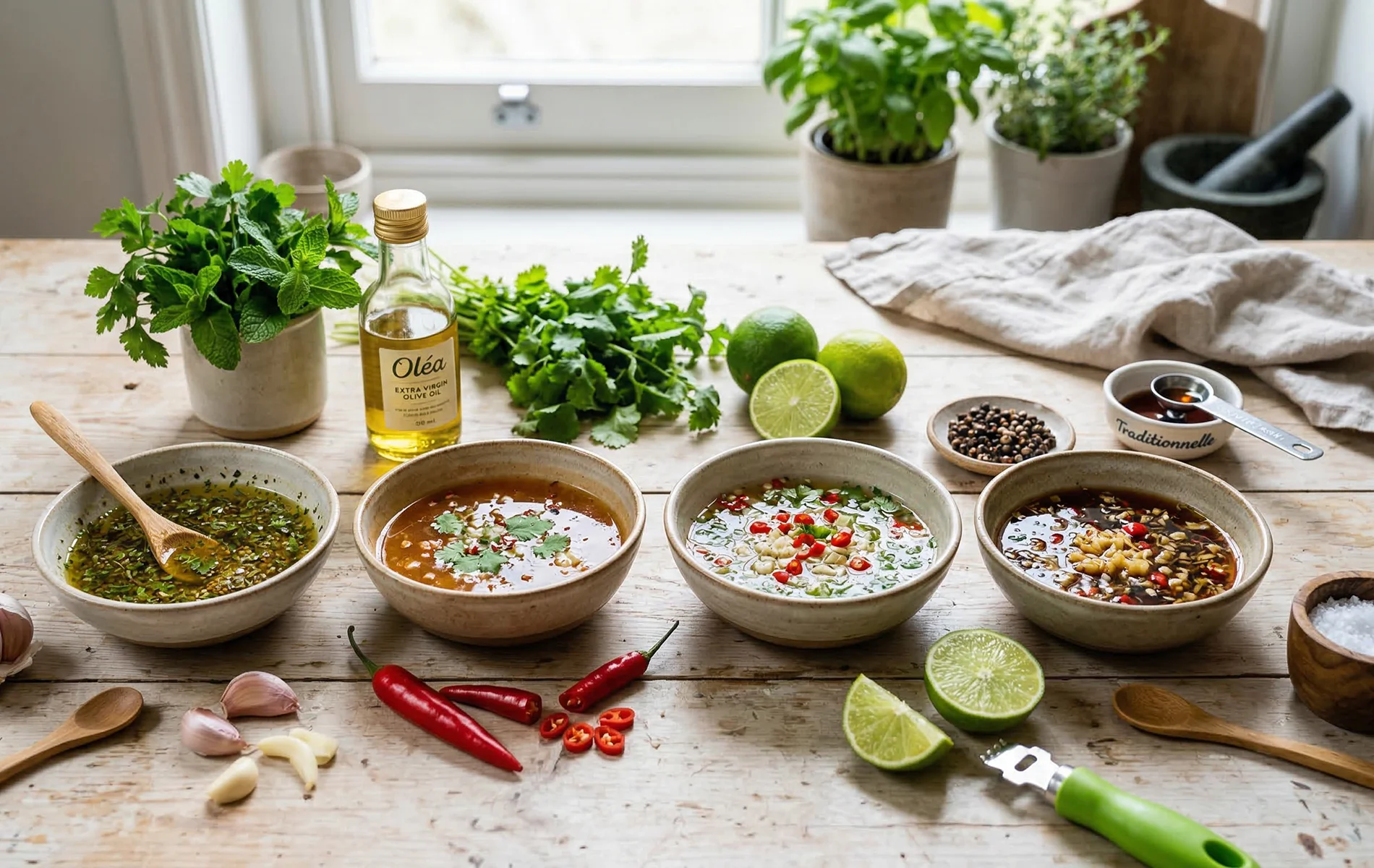 Petits bols de sauces froides maison entour&eacute;s d&rsquo;ingr&eacute;dients comme ail, piment, citron vert, herbes et huile d&rsquo;olive sur une table de cuisine.