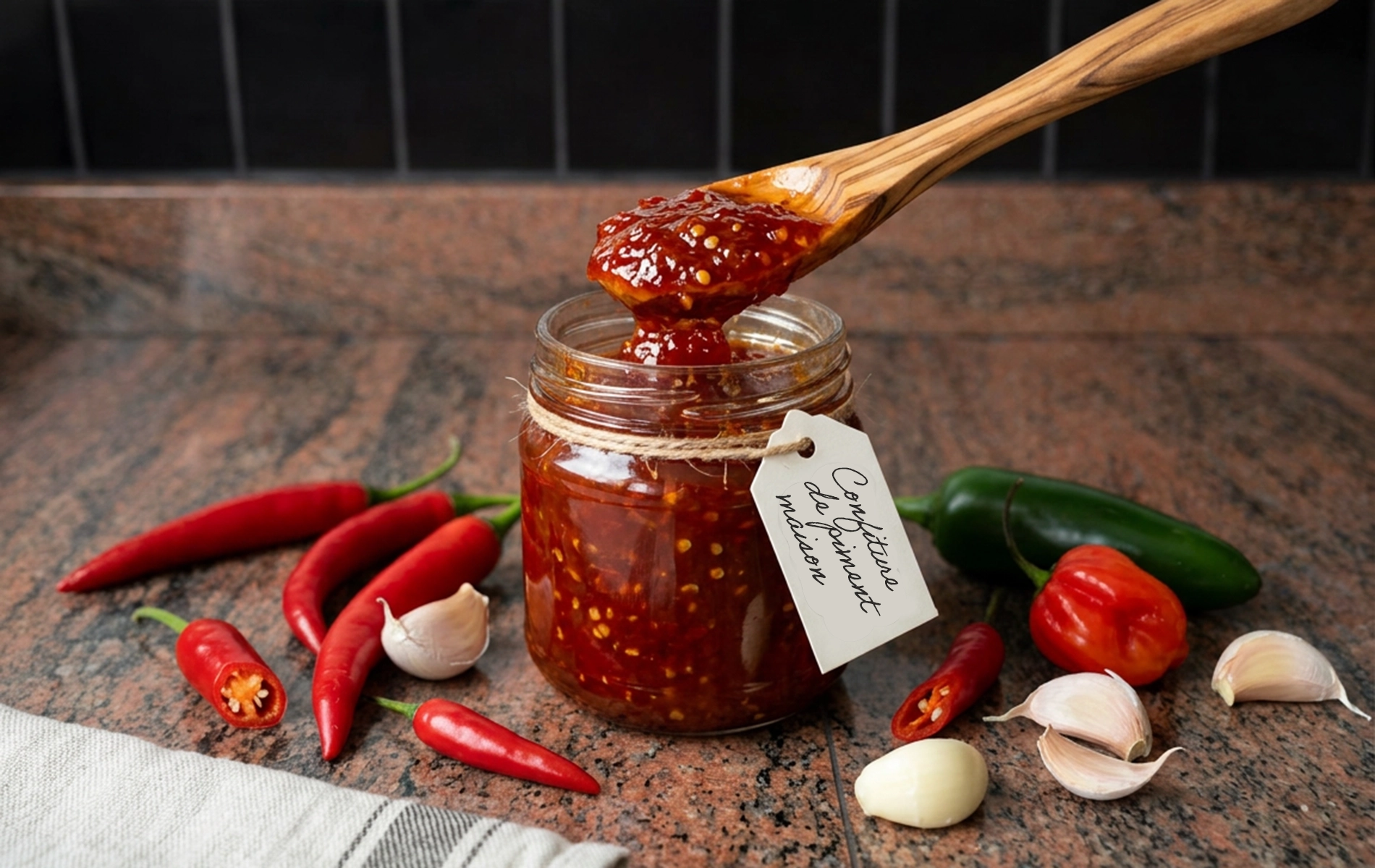 Bocal de confiture de piment maison avec piments et ail sur un plan de travail.