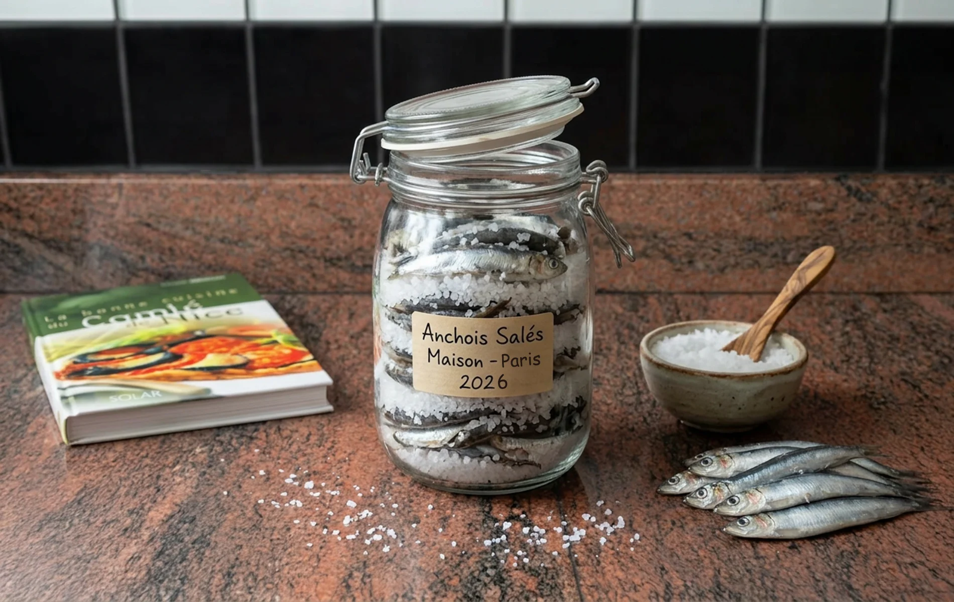 Préparation d’anchois au sel dans un bocal en verre, avec anchois frais et gros sel à côté.
