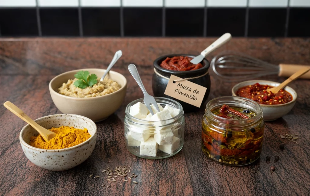 Assortiment de pr&eacute;parations culinaires de base maison dans des bols et bocaux sur un plan de travail.