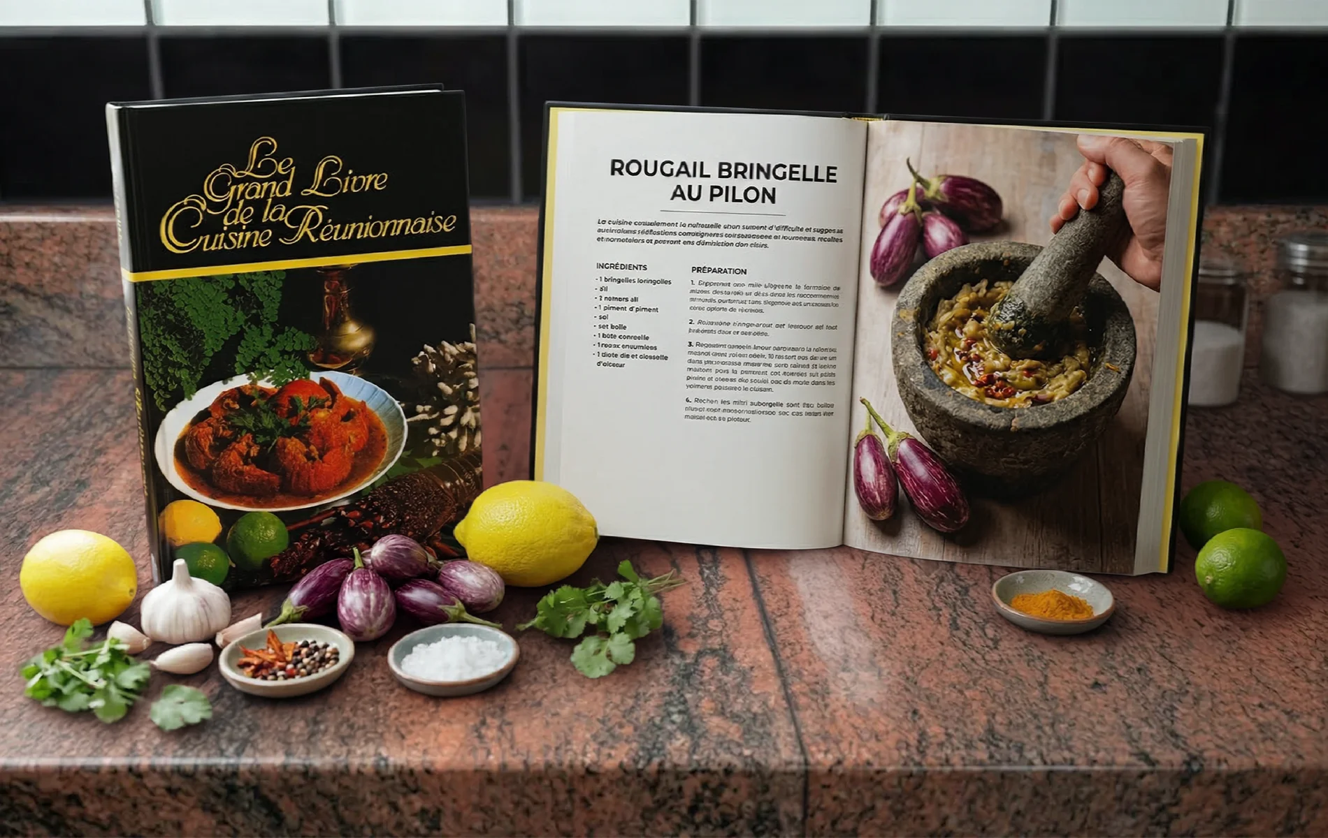 Livre de cuisine ouvert sur la recette du rougail bringelle au pilon avec les ingr&eacute;dients autour.