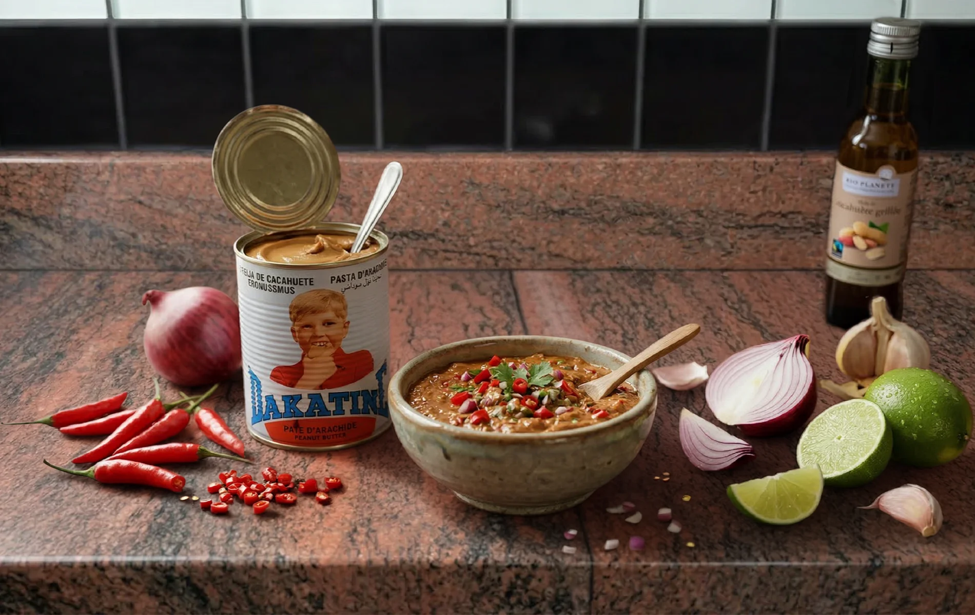 Bol de rougail Dakatine accompagn&eacute; d&rsquo;un pot de Dakatine ouvert et d&rsquo;ingr&eacute;dients comme piment, oignon et citron vert sur un plan de travail de cuisine.