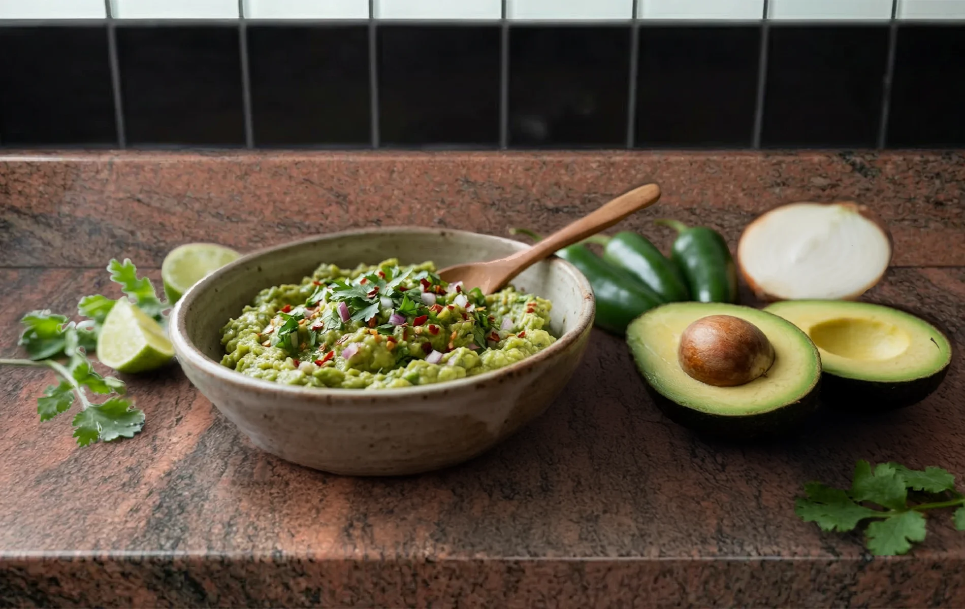 Rougail zavocat servi dans un bol en c&eacute;ramique, pos&eacute; sur un plan de travail