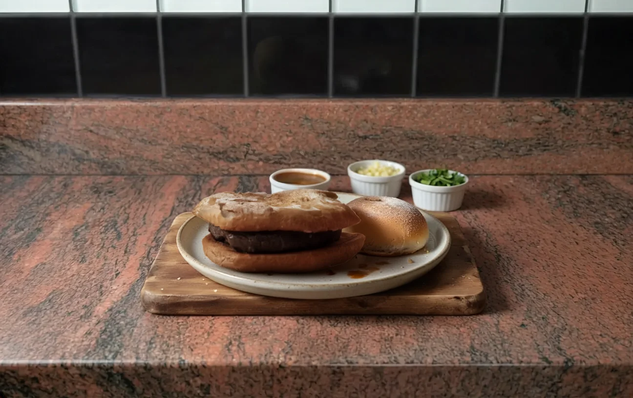 Sandwich portugais &laquo; prego &raquo; au b&oelig;uf grill&eacute;, servi dans un pain croustillant sur une assiette avec sauce et condiments en arri&egrave;re-plan.