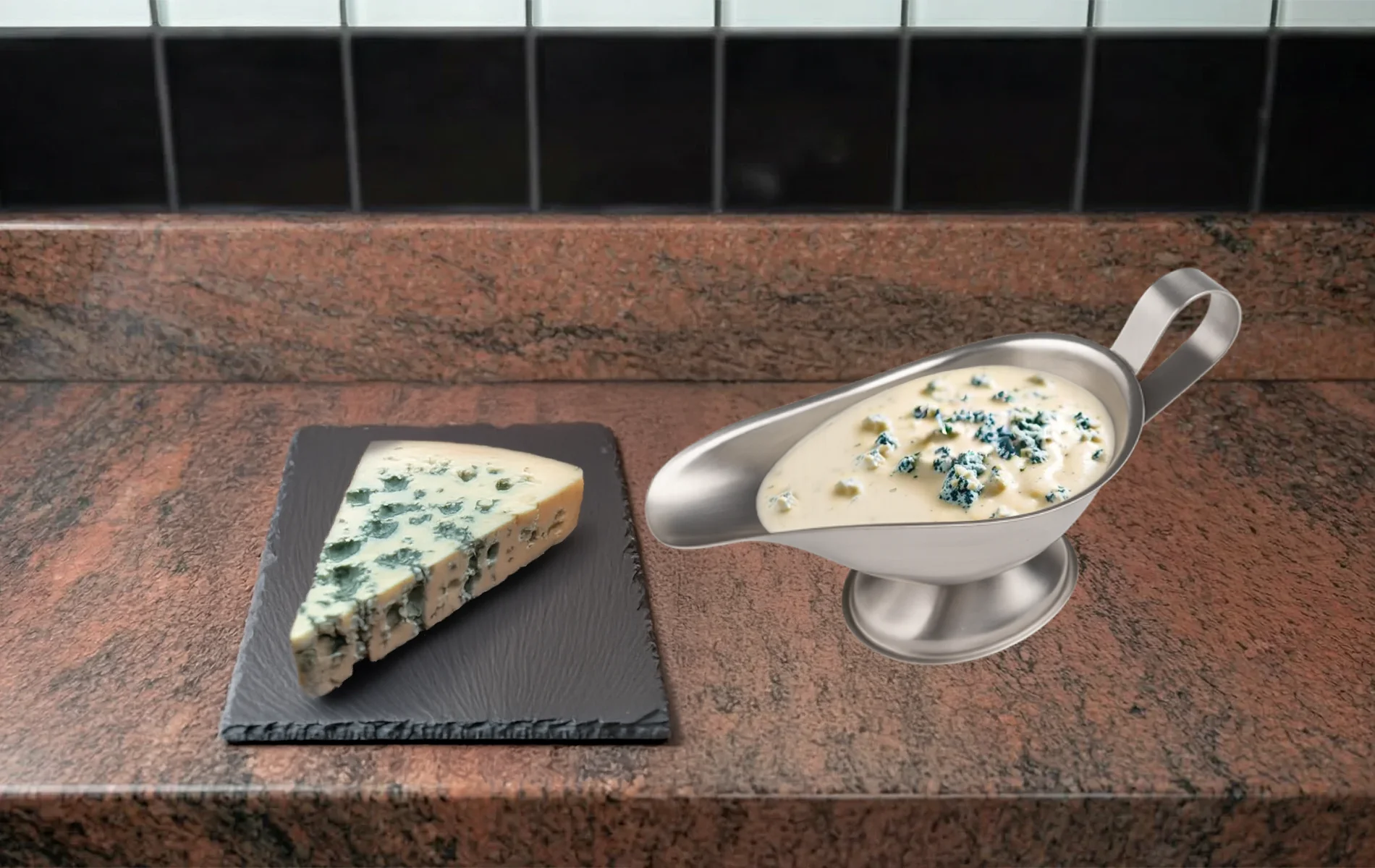 Sauce au roquefort crémeuse servie en saucière, accompagnée d’un morceau de roquefort.