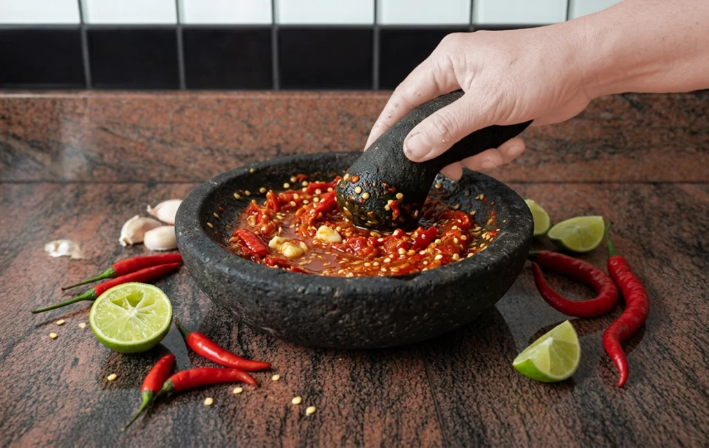 Préparation du sambal ulek dans un mortier, piments rouges écrasés avec ail et citron vert.