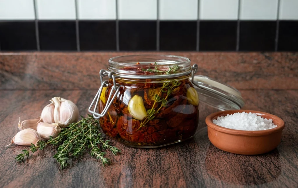 Tomates s&eacute;ch&eacute;es maison dans l&rsquo;huile d&rsquo;olive avec ail et thym.