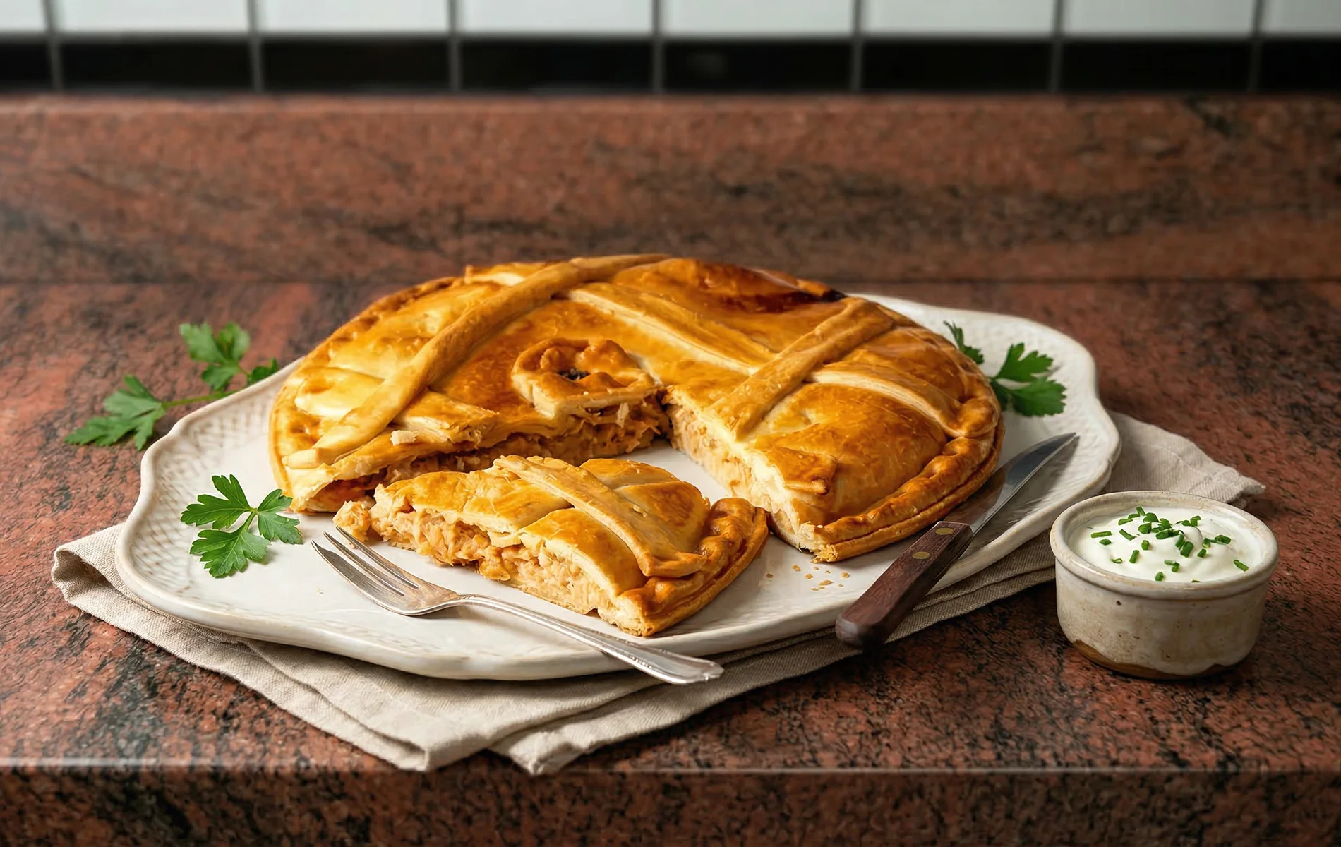 Tourte au thon dor&eacute;e, coup&eacute;e en parts, servie sur un plat avec sauce et herbes fra&icirc;ches.