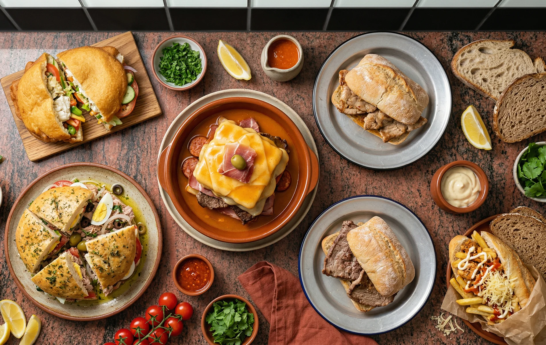 Assortiment de sandwichs du monde, incluant bokit, francesinha, pan bagnat, sandwich r&eacute;unionnais et sp&eacute;cialit&eacute;s portugaises, accompagn&eacute; d&rsquo;ingr&eacute;dients frais.