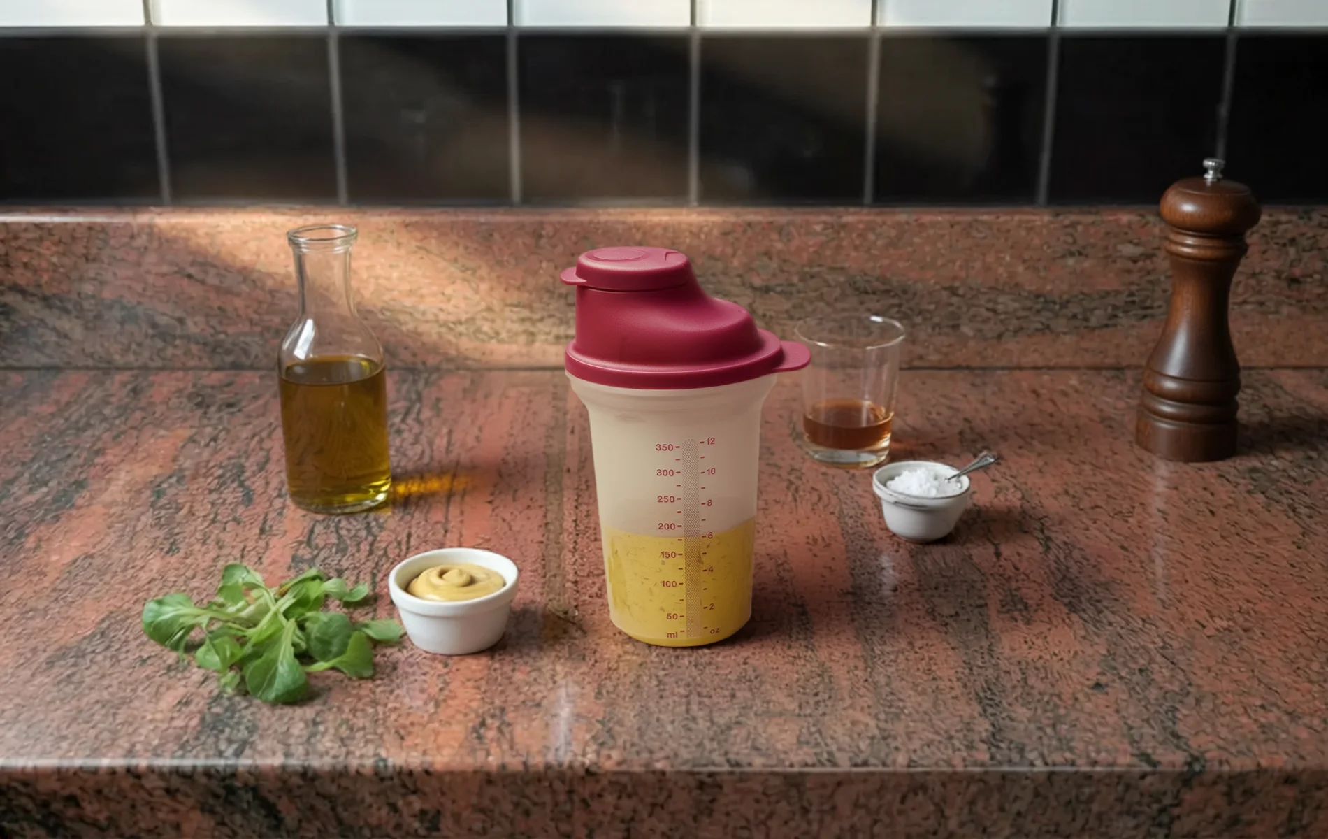 Vinaigrette maison dans un shaker avec huile d&rsquo;olive, moutarde, vinaigre et sel dispos&eacute;s autour sur un plan de travail.