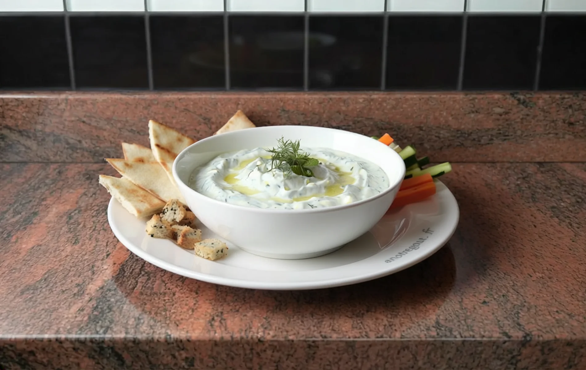 Tzatziki au yaourt et concombre, servi avec pain pita et crudit&eacute;s.
