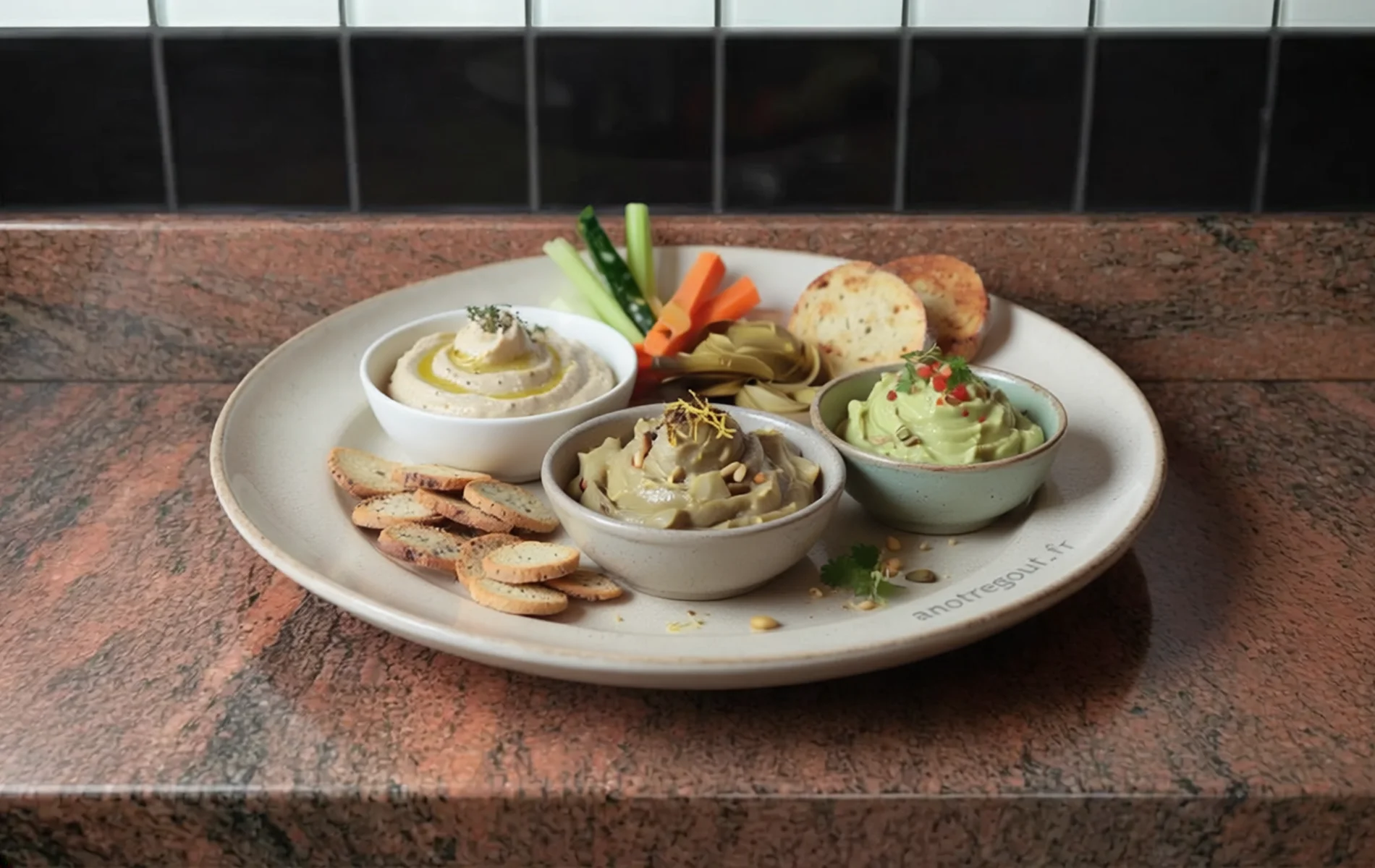 Trio de tartinades &agrave; l&rsquo;artichaut servi en bols, avec crackers, pain grill&eacute; et crudit&eacute;s.