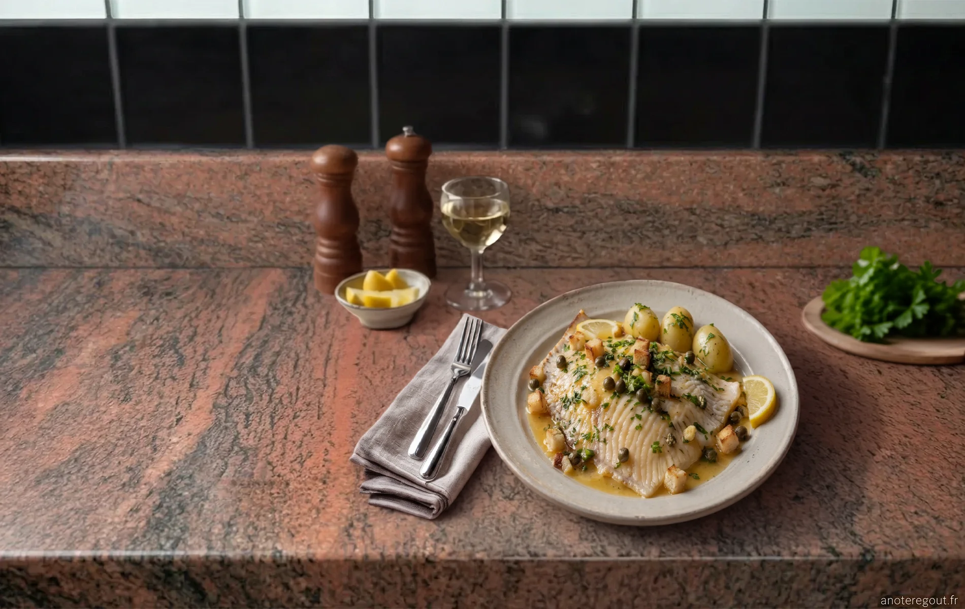 Aile de raie aux c&acirc;pres servie avec citron, persil, cro&ucirc;tons et pommes de terre vapeur.
