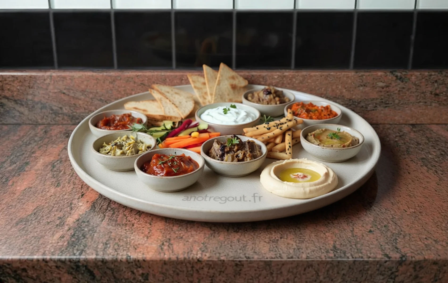 Assortiment de tartinades du monde servi avec pain, crackers et crudit&eacute;s.