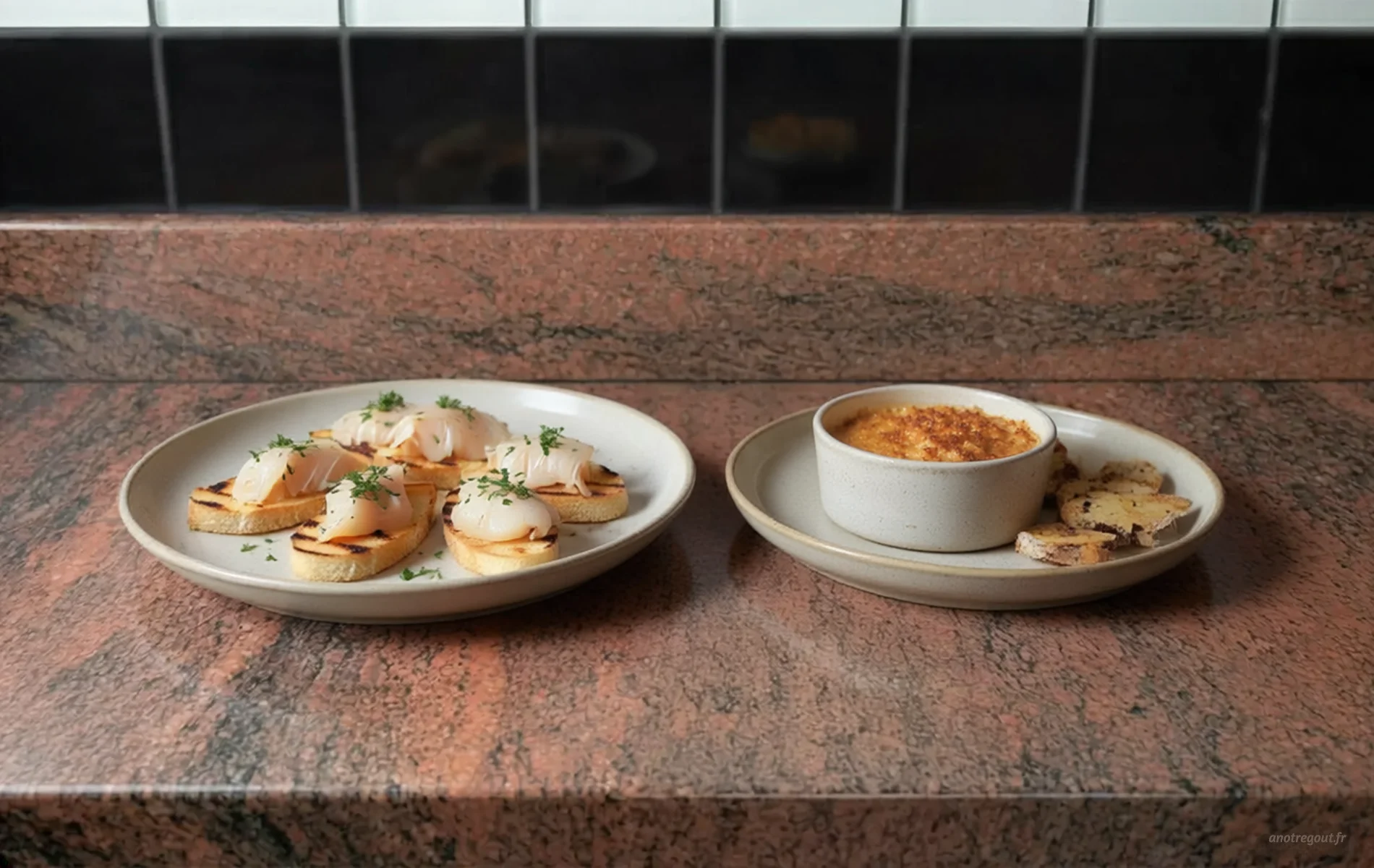 Deux versions de brandade de morue : baccal&agrave; mantecato et brandade &agrave; la cr&egrave;me avec cro&ucirc;tons.