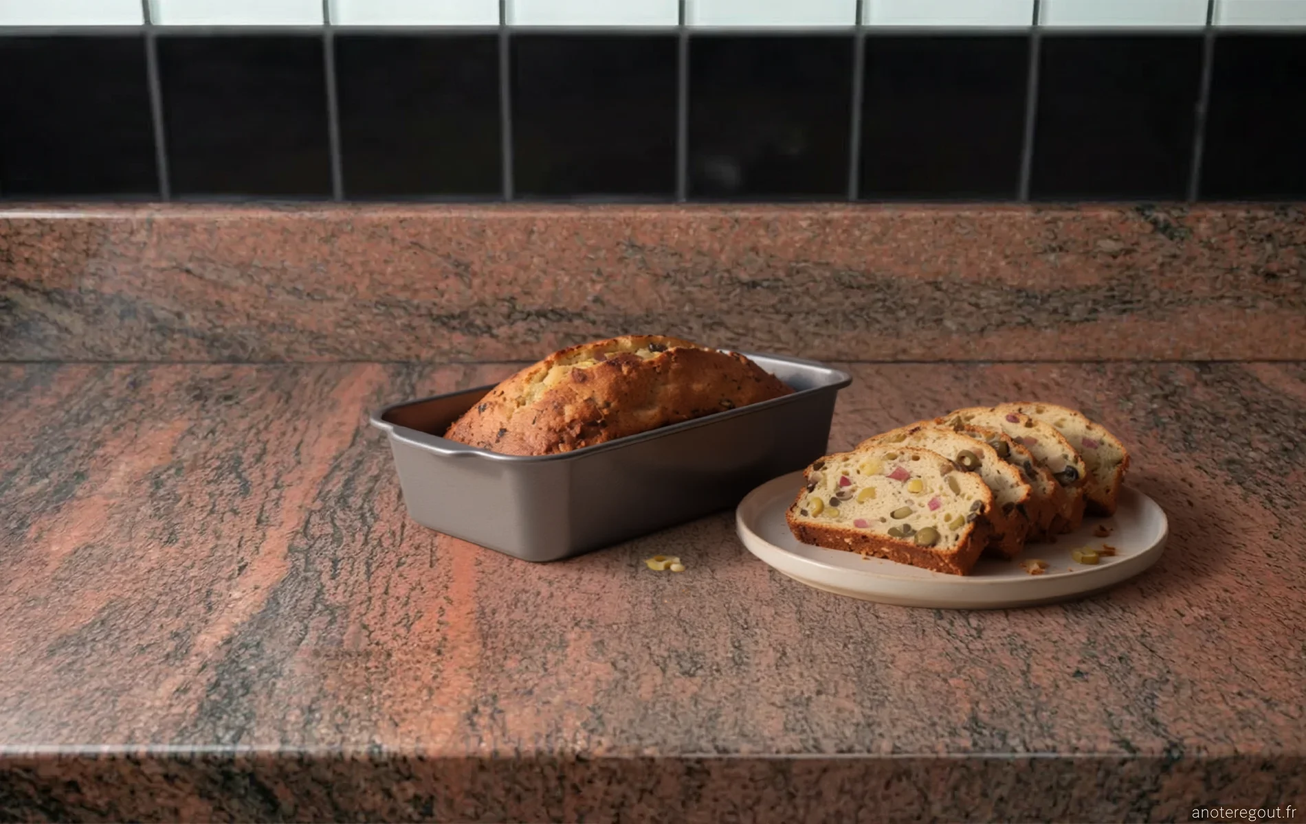 Cake sal&eacute; aux olives pr&eacute;sent&eacute; entier dans un moule &agrave; cake, accompagn&eacute; de tranches coup&eacute;es dispos&eacute;es sur une petite assiette