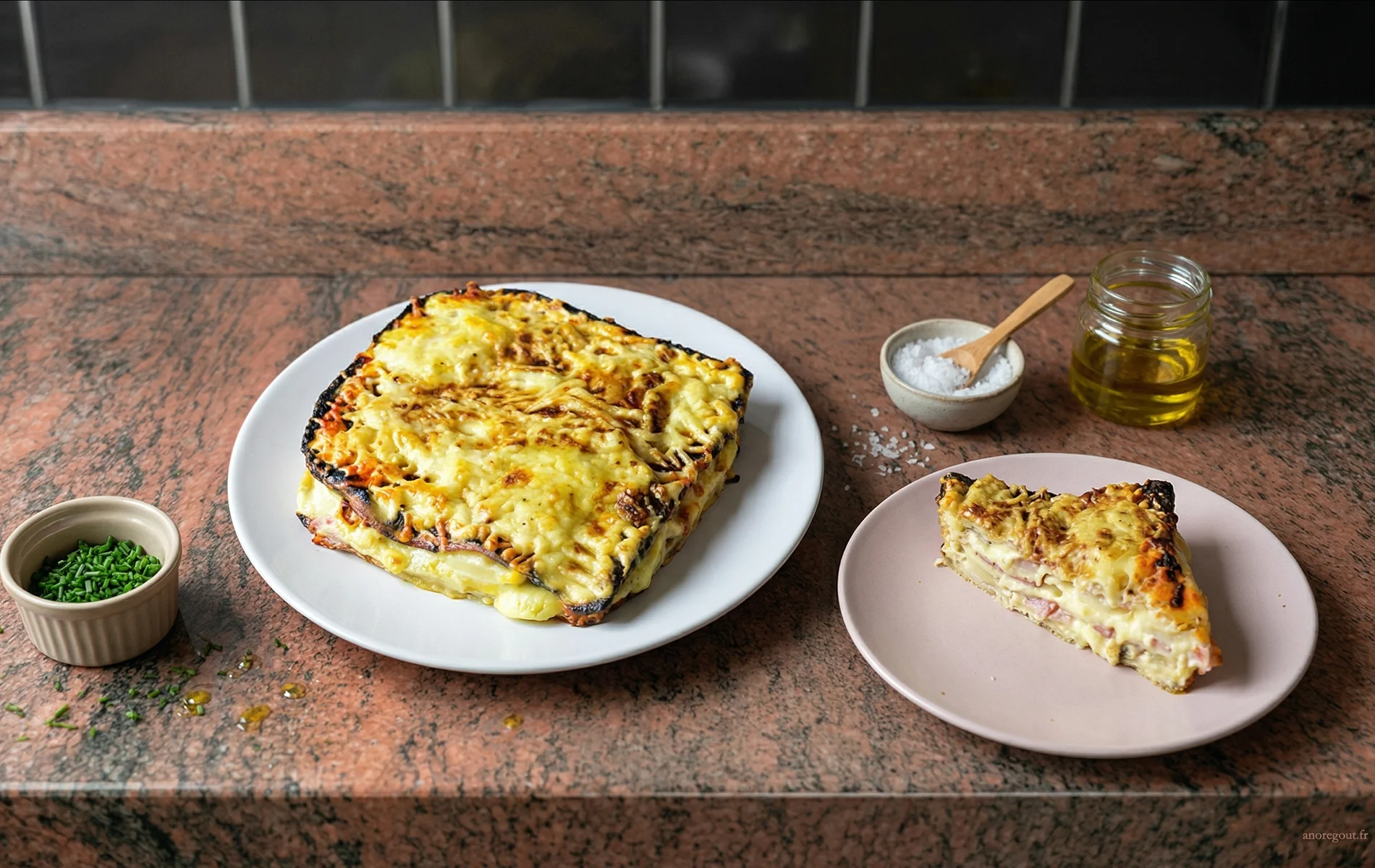 Croque-monsieur gratin&eacute; au fromage, entier et en part, servi avec ciboulette et huile d&rsquo;olive.