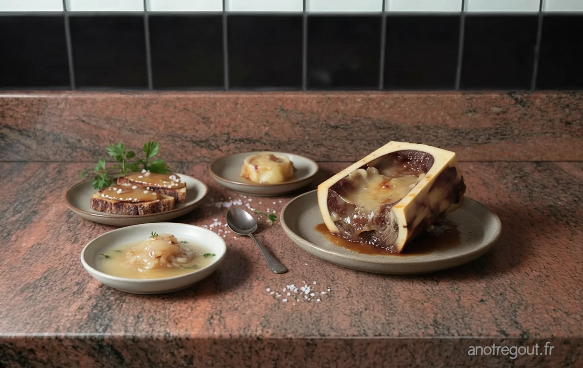 Diff&eacute;rentes pr&eacute;parations d&rsquo;os &agrave; moelle pr&eacute;sent&eacute;es sur plan de travail : moelle sur toast au gros sel, moelle poch&eacute;e et os &agrave; moelle r&ocirc;ti au four, avec cuill&egrave;re et sel, en ambiance de cuisine.