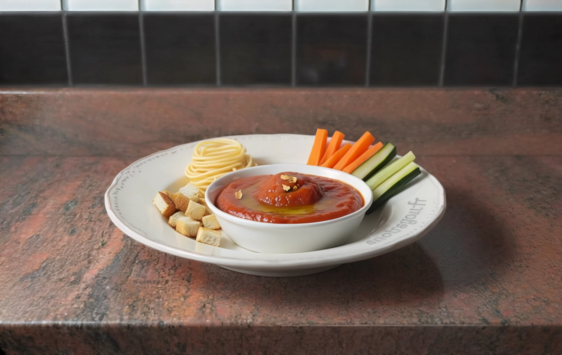 Dip de tomates confites avec filet d&rsquo;huile d&rsquo;olive, servi en bol avec cro&ucirc;tons, crudit&eacute;s et p&acirc;tes sur une assiette blanche.