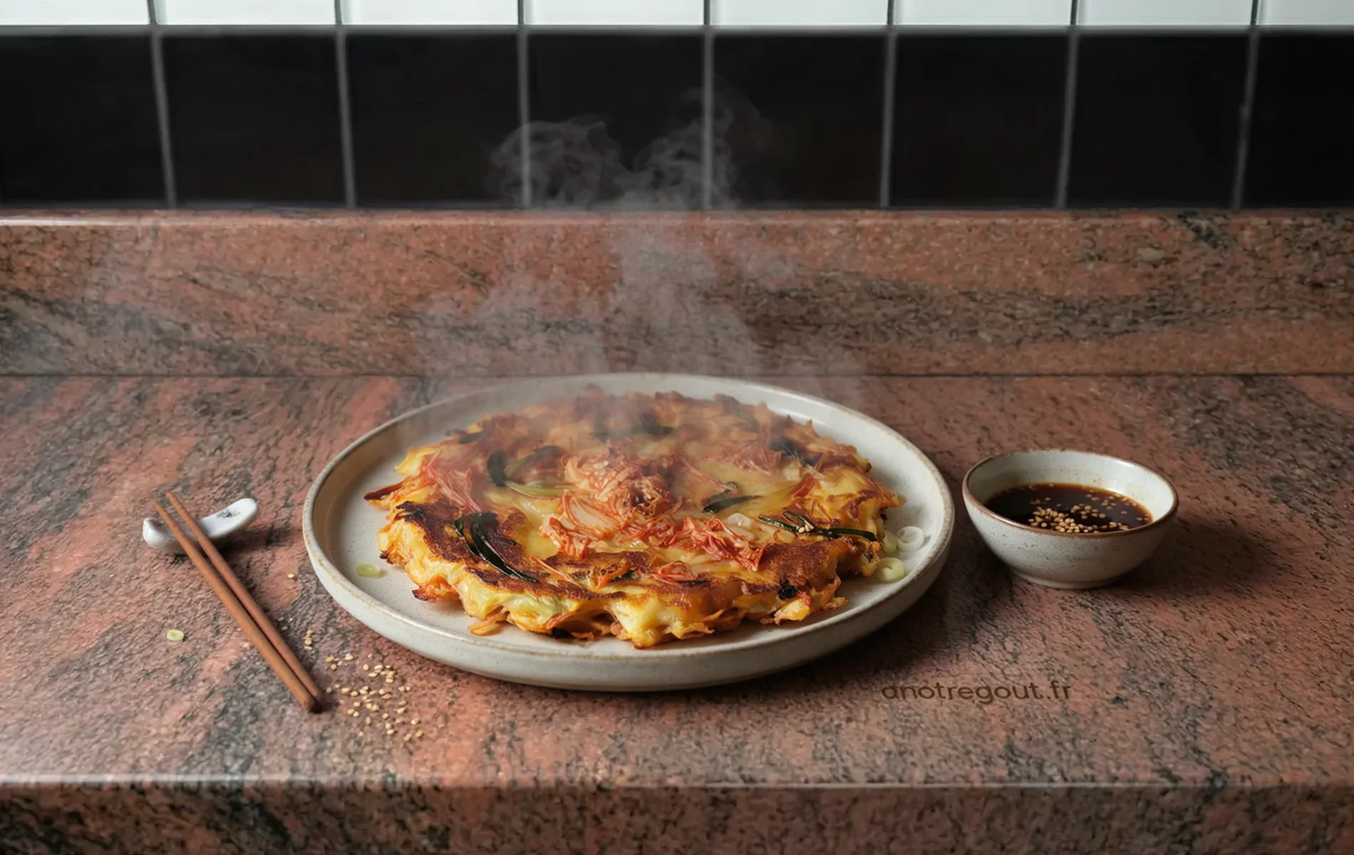 Galette cor&eacute;enne au kimchi (kimchi jeon) croustillante, servie chaude avec sauce soja et baguettes sur plan de travail