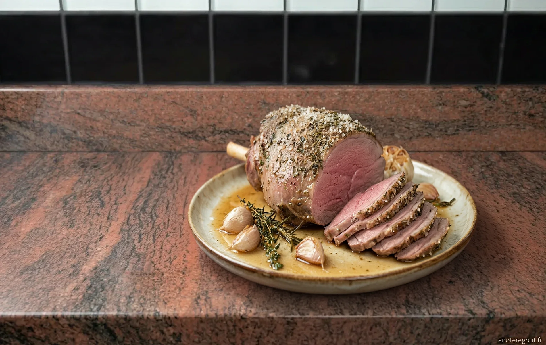 Gigot d’agneau rôti rosé, croûte de gros sel, ail en chemise