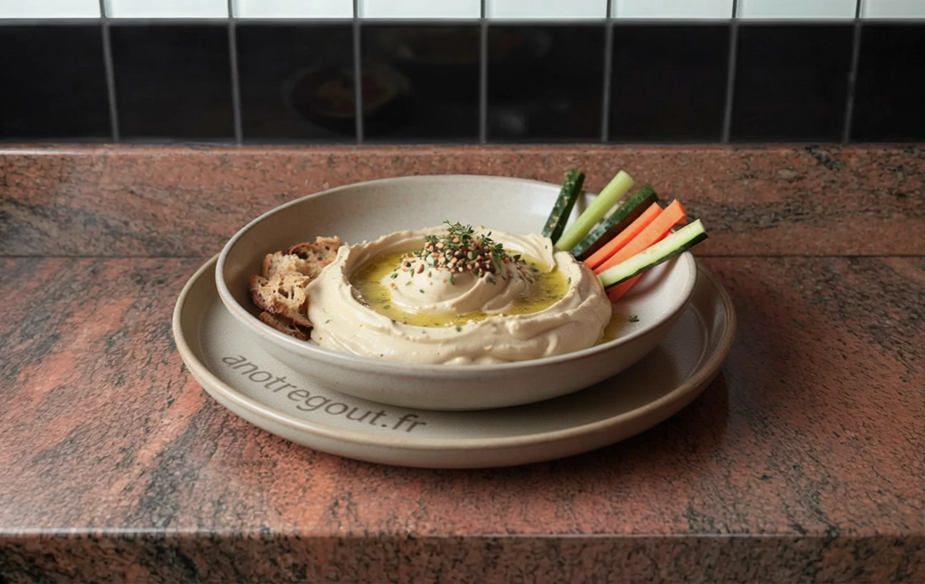 Houmous cr&eacute;meux garni d&rsquo;huile d&rsquo;olive, graines et herbes, servi avec pain et crudit&eacute;s.