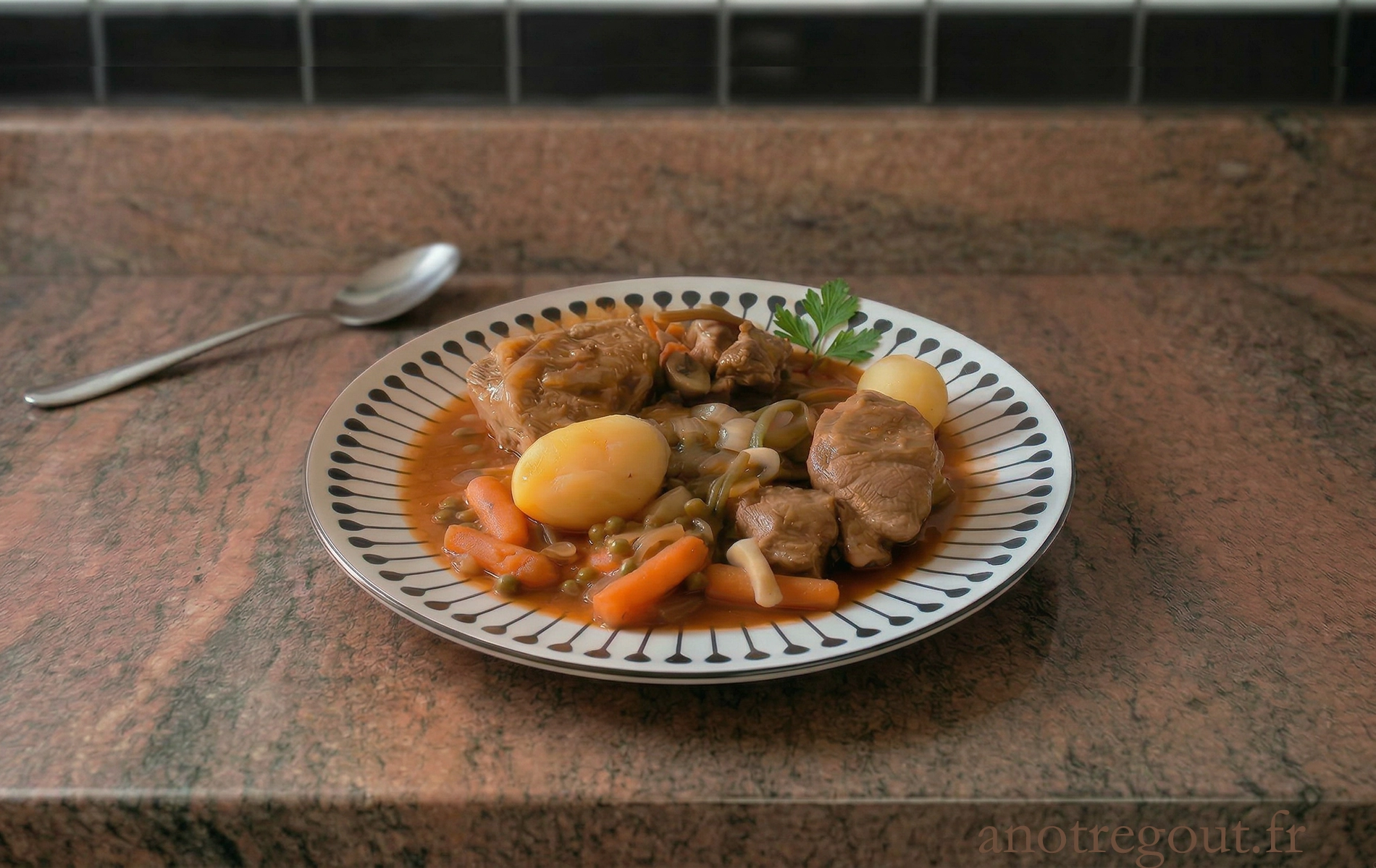 Navarin d’agneau de Michel avec légumes et pommes de terre en sauce, servi en assiette.
