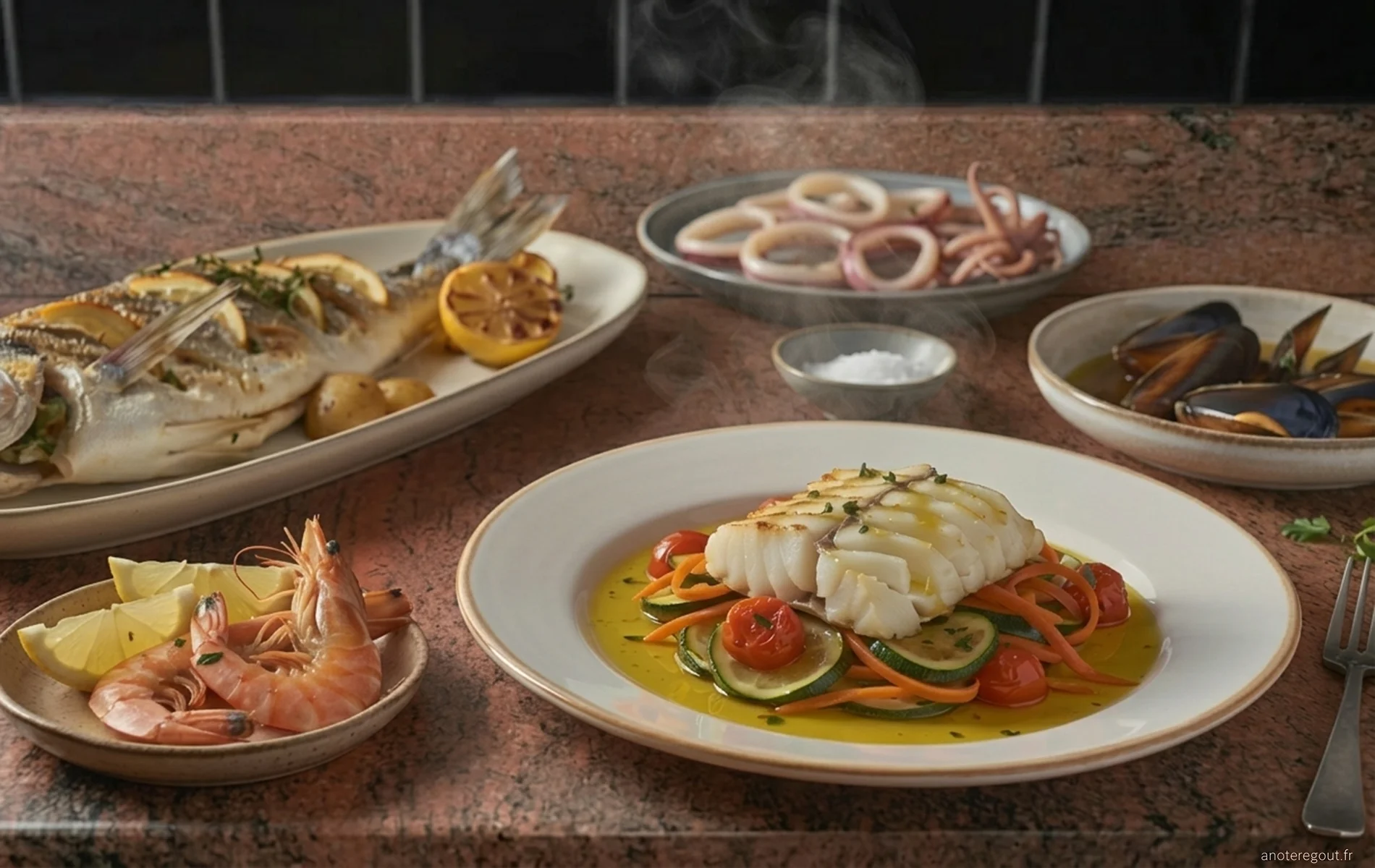 Assortiment de poissons et fruits de mer : morue, poisson rôti, crevettes, calamars et moules, servis sur assiettes avec légumes et huile d’olive.