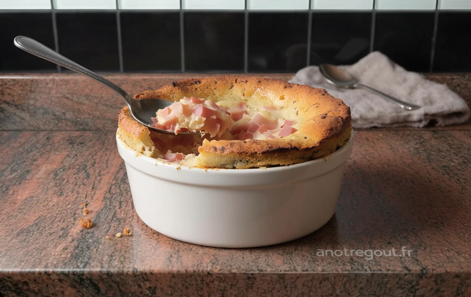 Souffl&eacute; au jambon dor&eacute; servi dans un ramequin, avec une cuill&egrave;re pr&eacute;levant une portion r&eacute;v&eacute;lant une texture a&eacute;rienne et moelleuse,