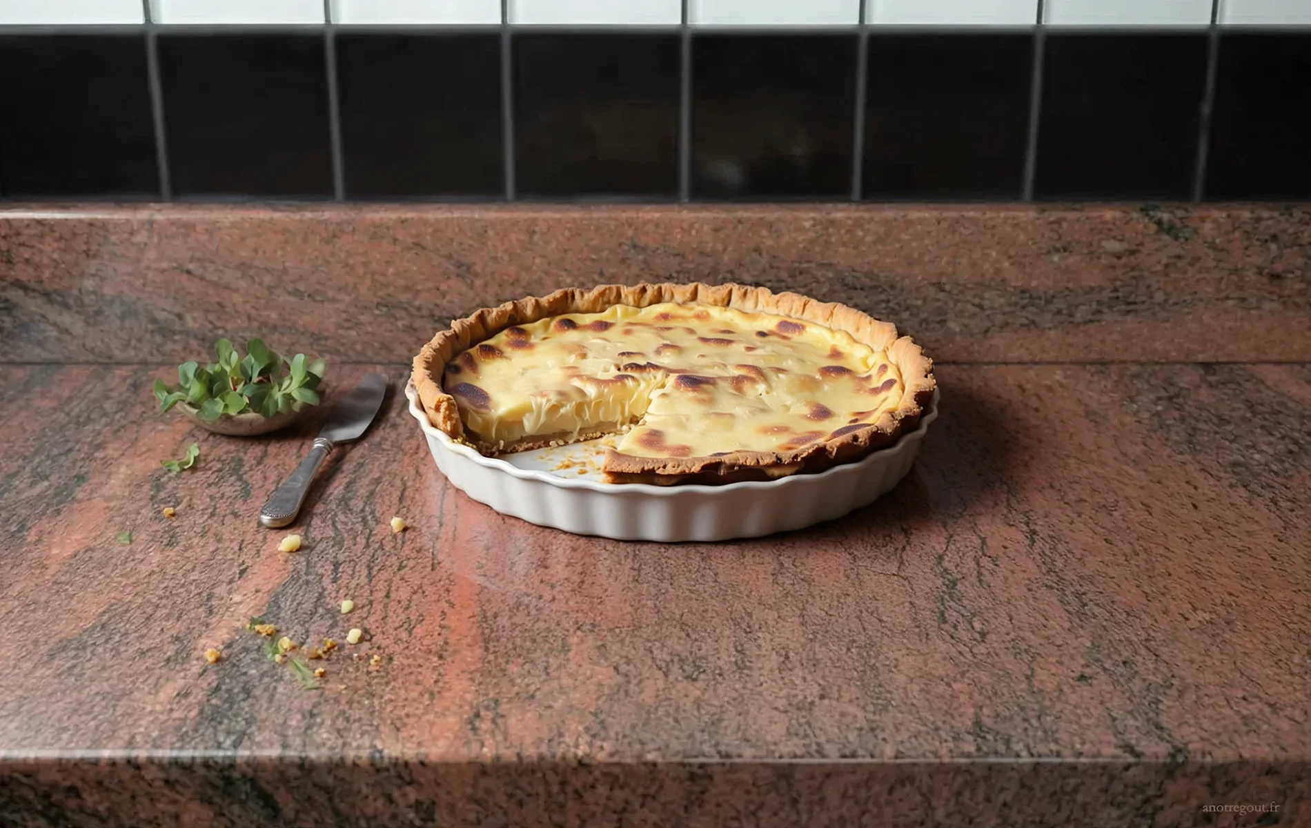 Tarte au reblochon fondante avec part d&eacute;coup&eacute;e et salade verte.