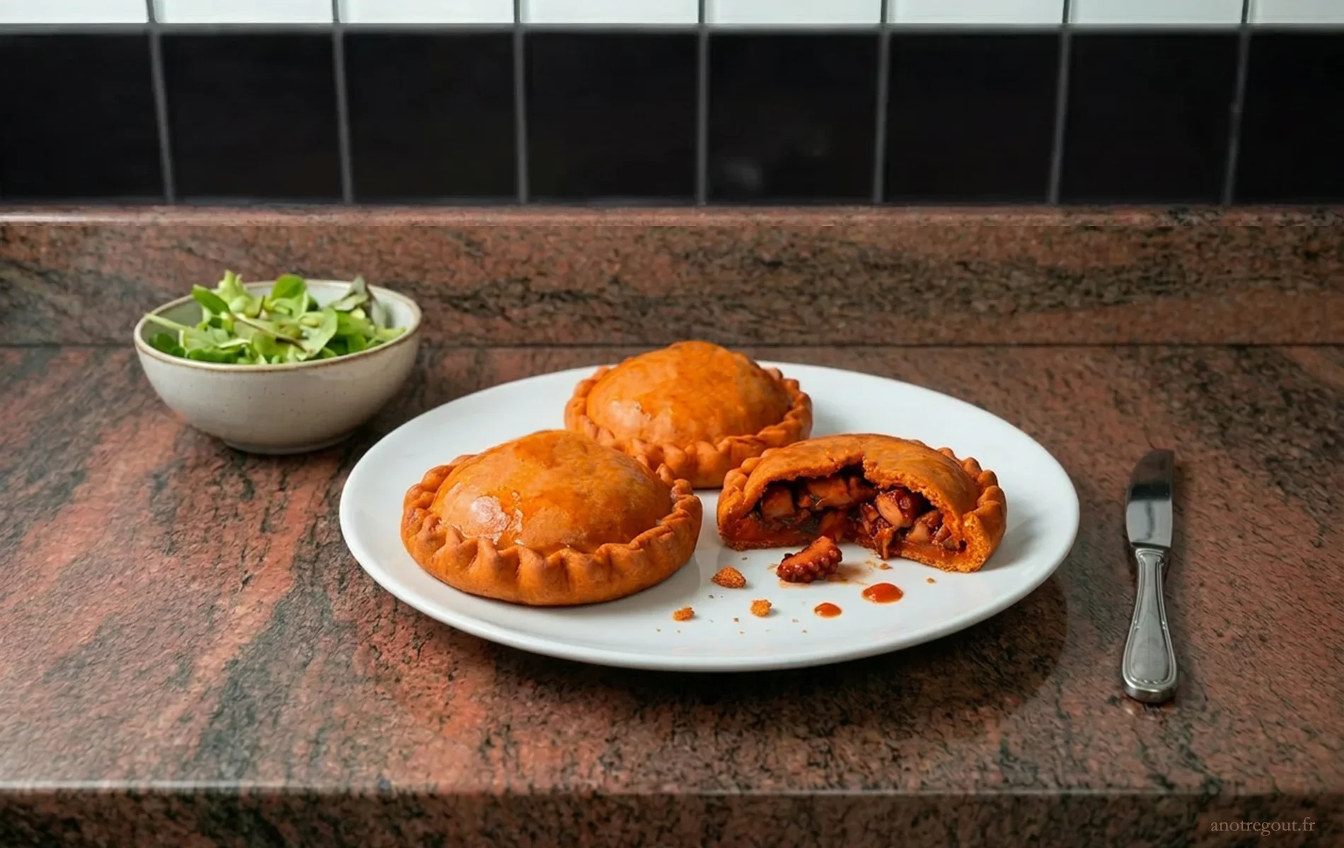 Tielles s&eacute;toises au poulpe dont une ouverte avec salade verte.