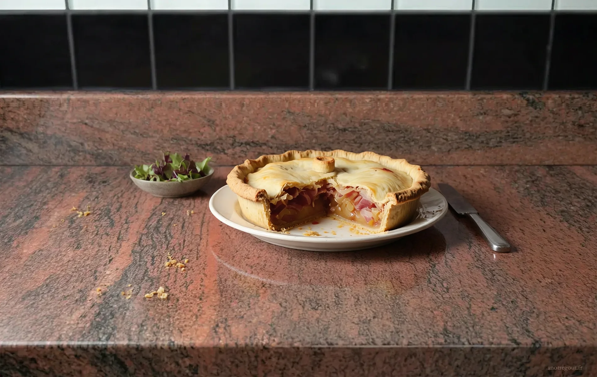 Tourte au jambon et aux oignons avec salade verte.