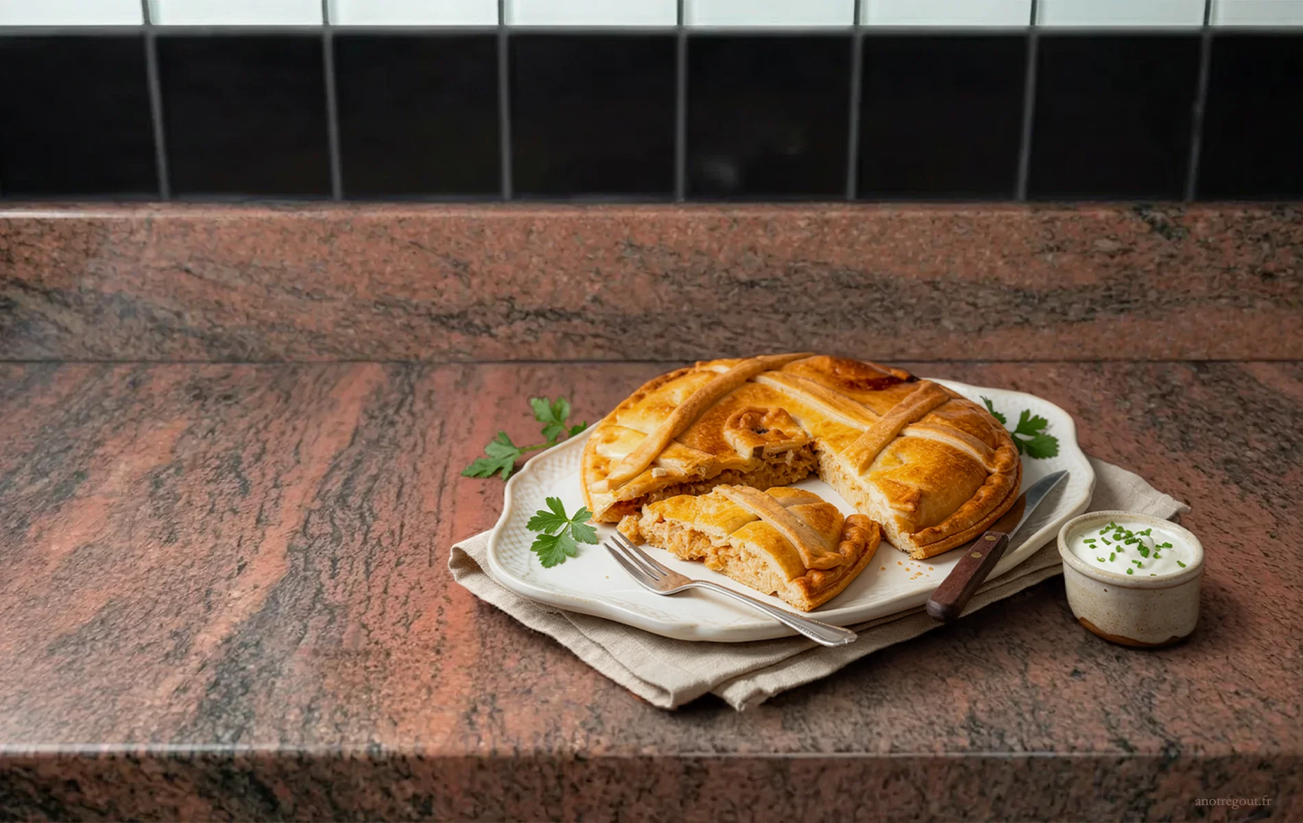Tourte au thon dor&eacute;e, coup&eacute;e en parts, servie sur un plat avec sauce et herbes fra&icirc;ches.