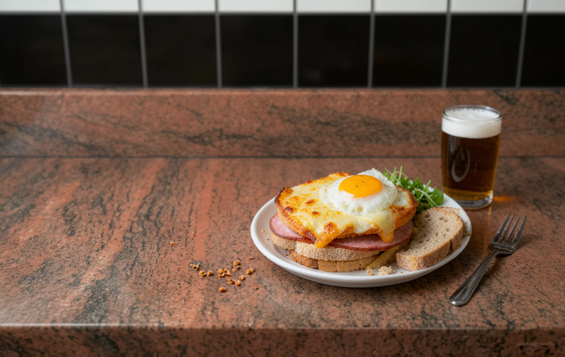 Welsh du Nord gratin&eacute; au cheddar avec &oelig;uf au plat, servi sur pain avec jambon, frites, salade et bi&egrave;re.