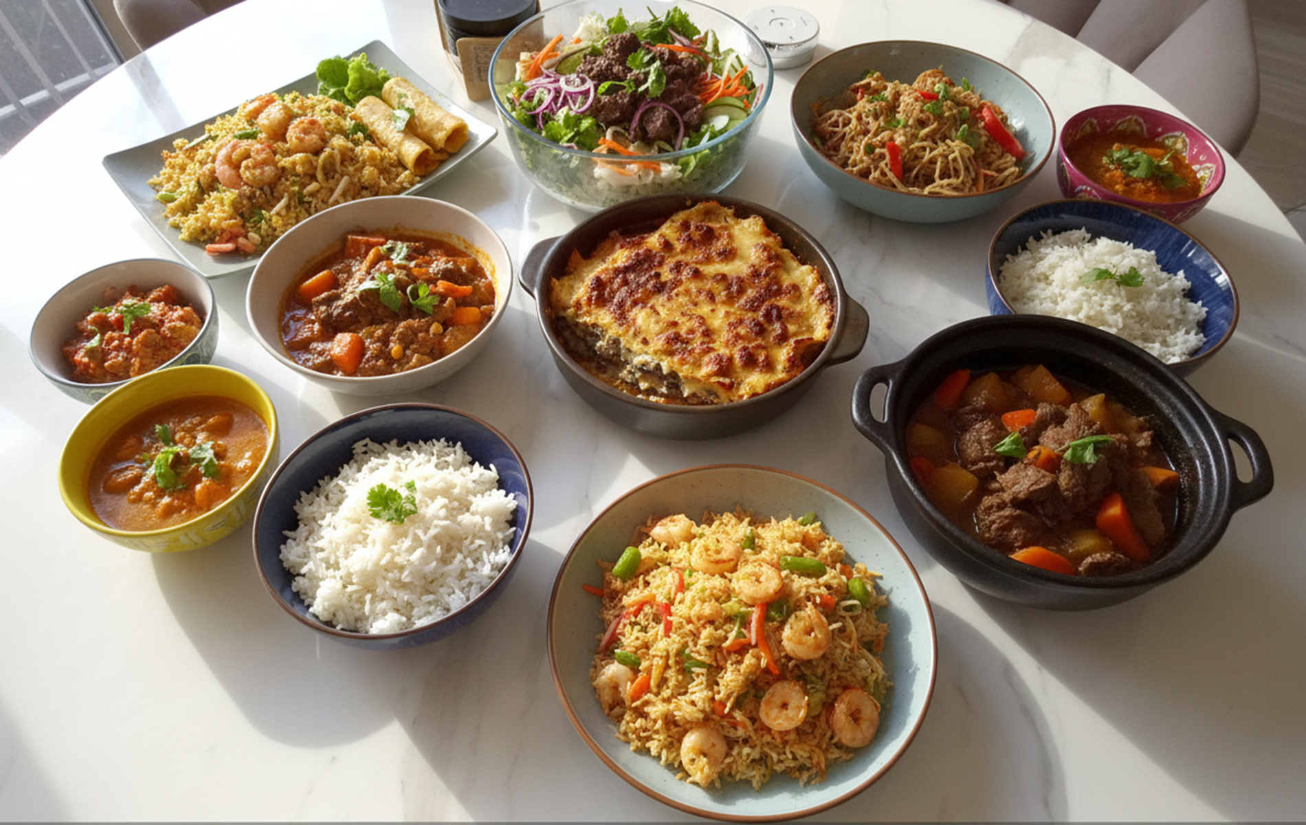 Grande s&eacute;lection de plats complets vari&eacute;s &mdash; riz saut&eacute;s, moussaka, rago&ucirc;ts et salades &mdash; pr&eacute;sent&eacute;e sur une table claire.