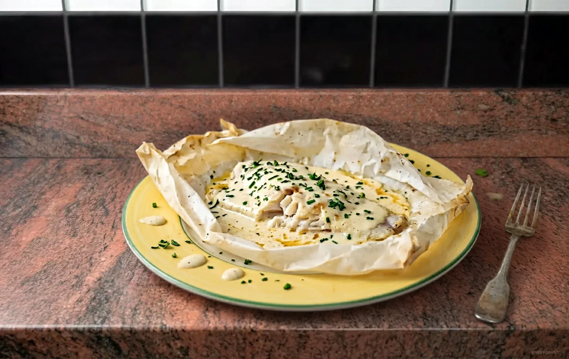 Filet de lieu jaune en papillote napp&eacute; de sauce &agrave; la vanille avec ciboulette.