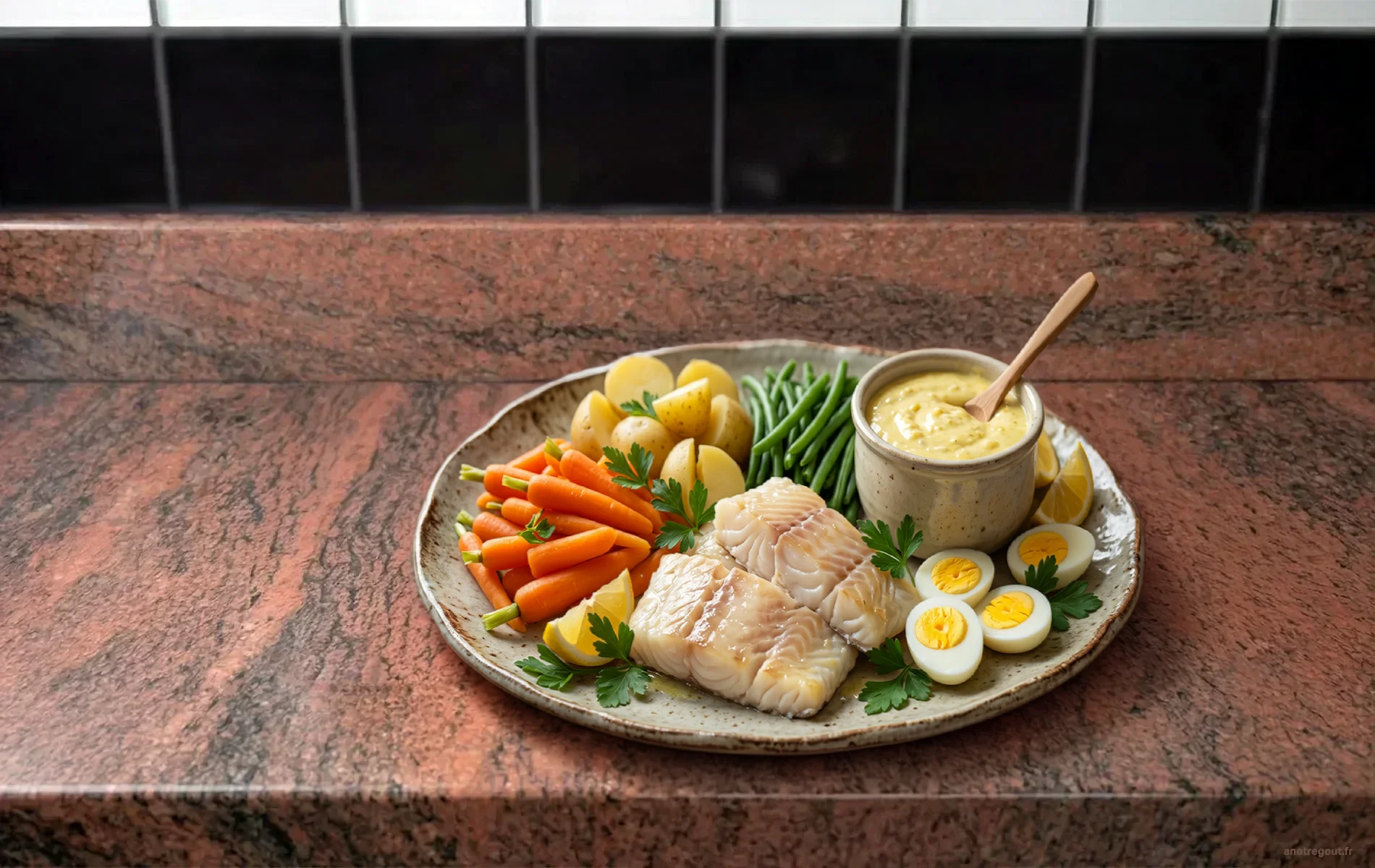 A&iuml;oli de cabillaud servi avec pommes de terre, haricots verts, carottes vapeur, quartiers de citron et sauce aill&eacute;e maison.