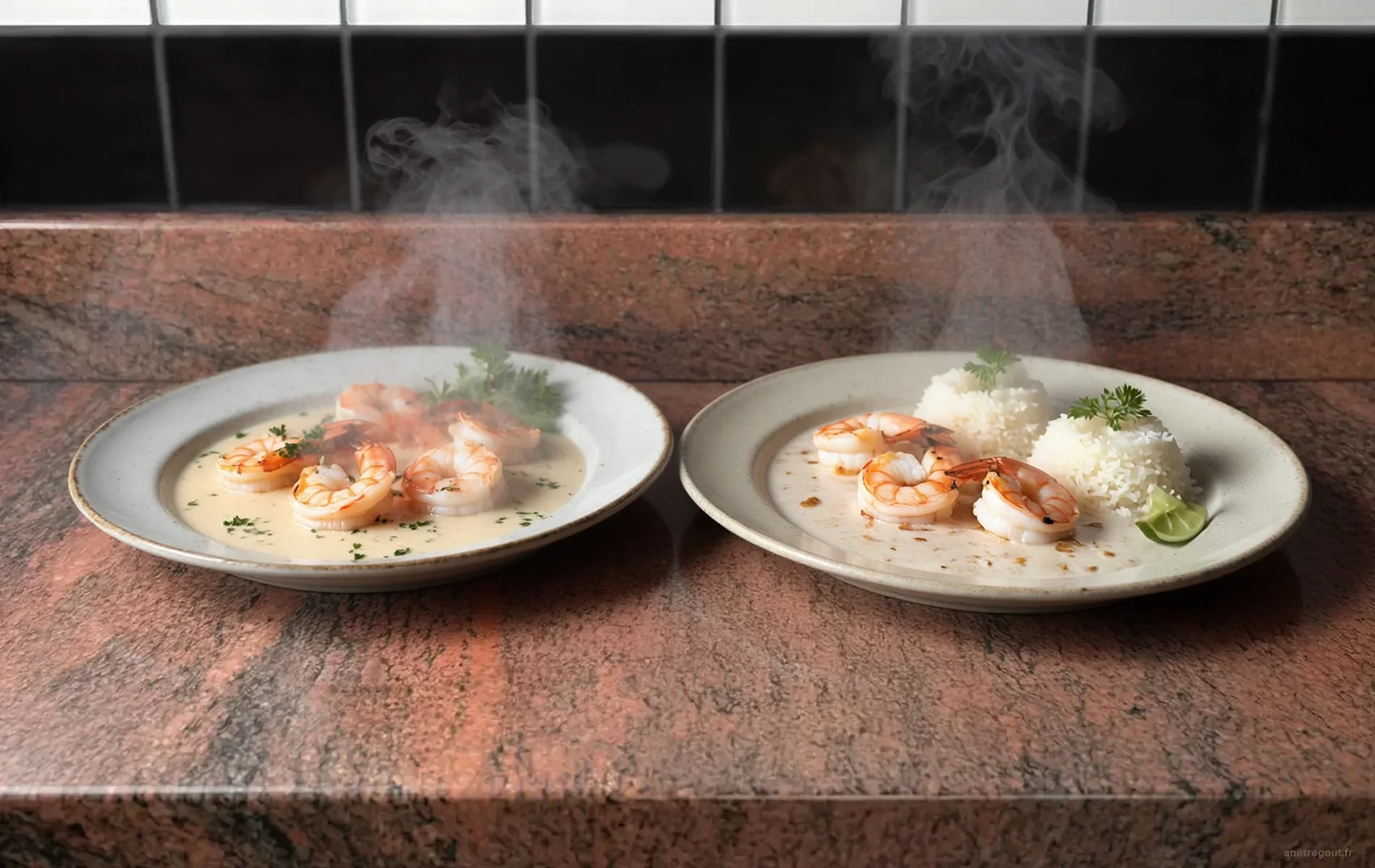 Deux assiettes de crevettes flamb&eacute;es servies avec sauces cr&eacute;meuses et riz blanc.