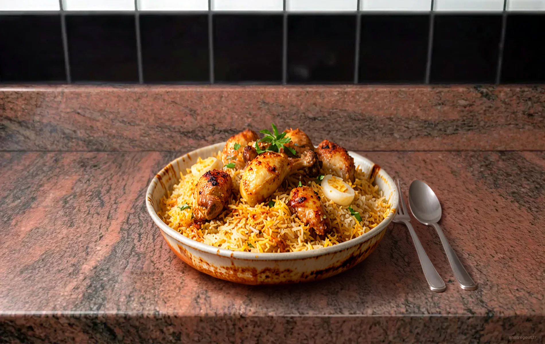 Biryani de poulet fumant avec riz basmati &eacute;pic&eacute; et &oelig;ufs durs.