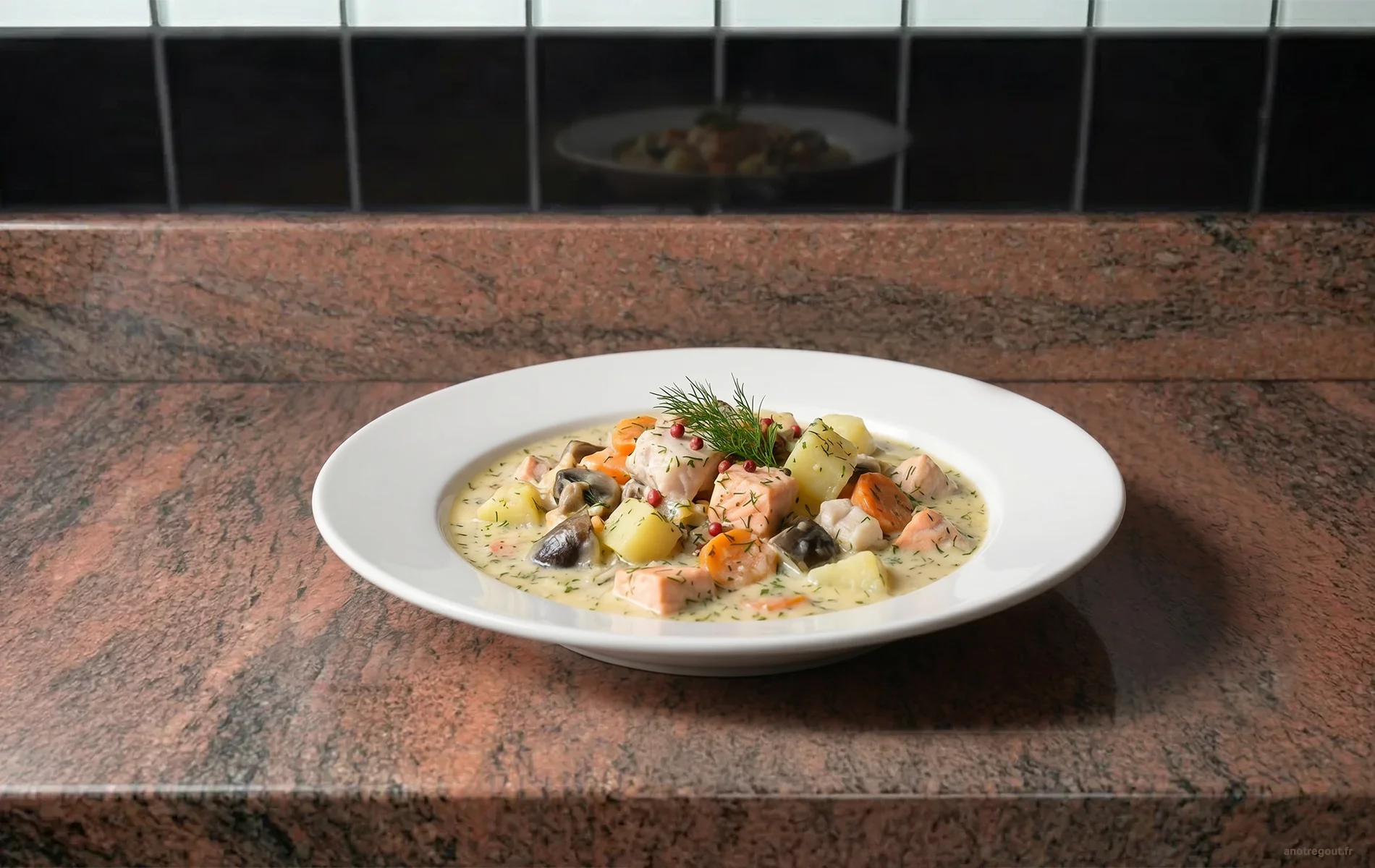 Blanquette de la mer avec poisson et fruits de mer dans une sauce cr&eacute;meuse, servie dans une assiette blanche.