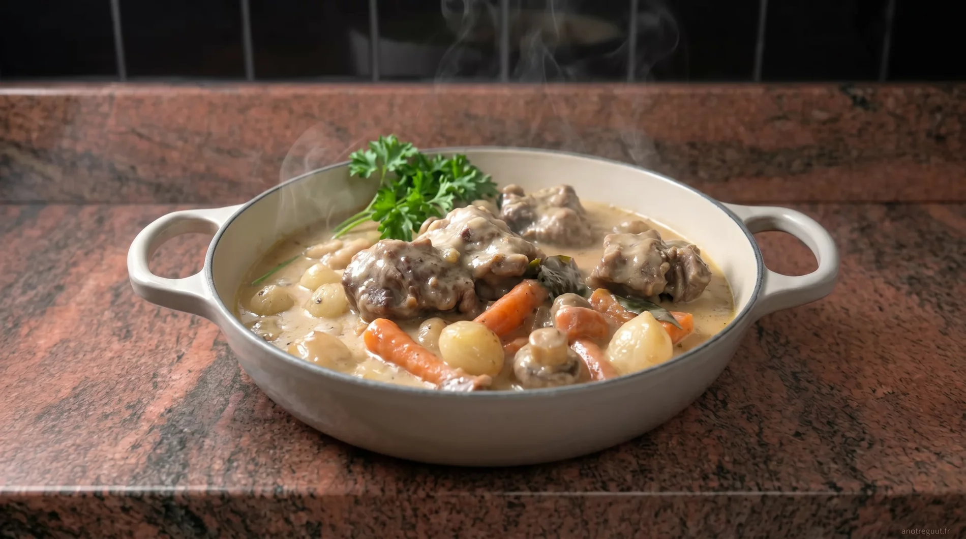 Blanquette de veau traditionnelle avec sauce blanche cr&eacute;meuse, carottes, champignons et oignons grelots, servie fumante dans une cocotte